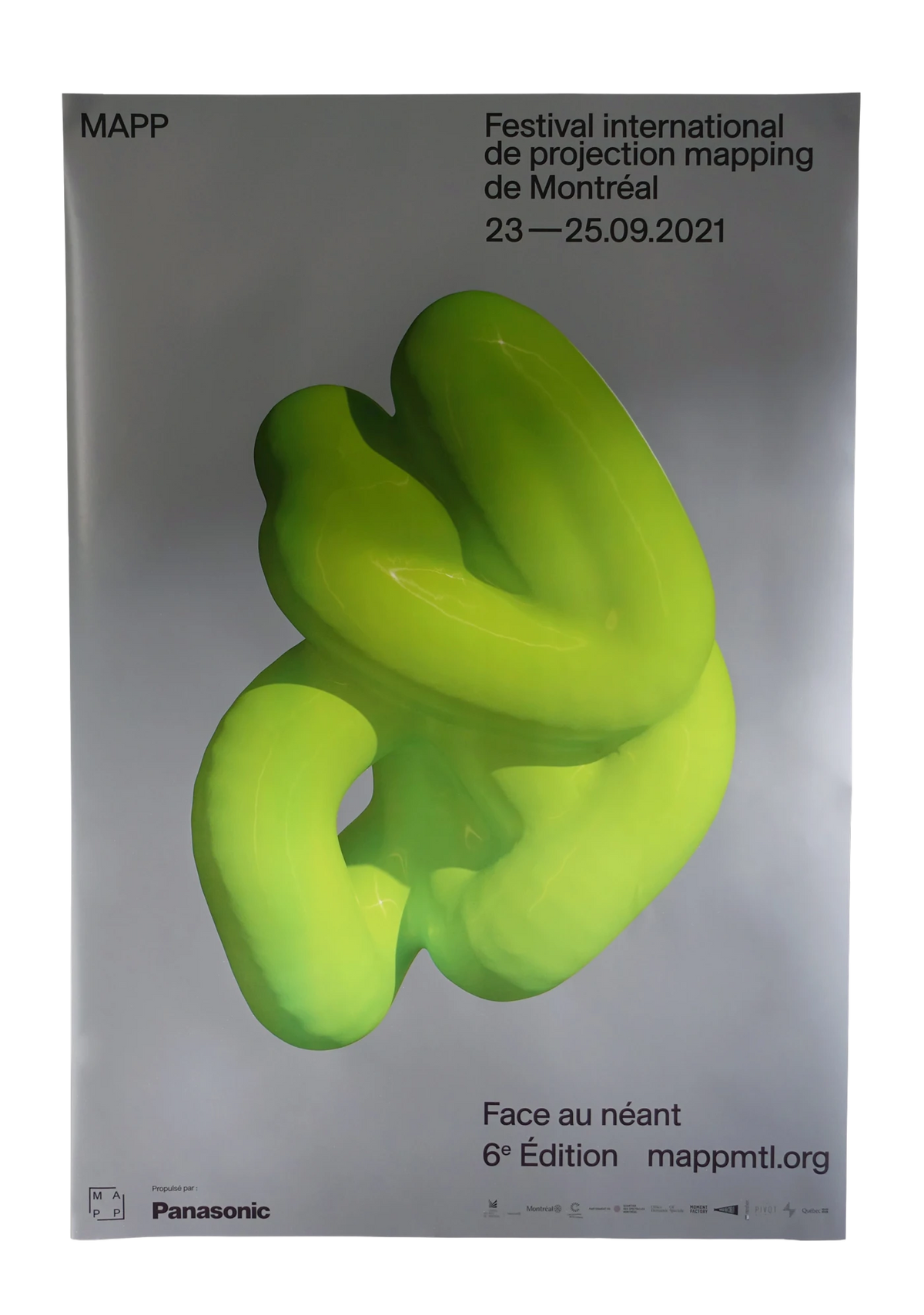 Affiche Face au néant : forme vert fluo sur fond gris, MAPP MTL 2021
