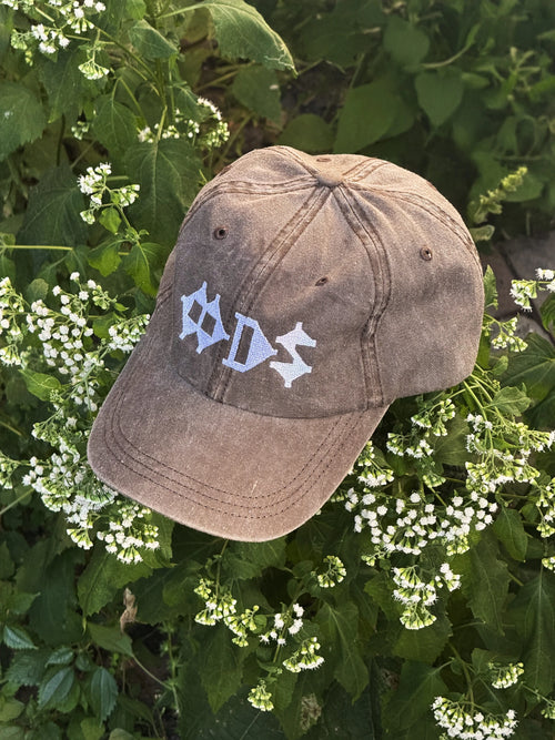 Casquette kaki délavée à logo OODS brodé blanc, posée dans la verdure