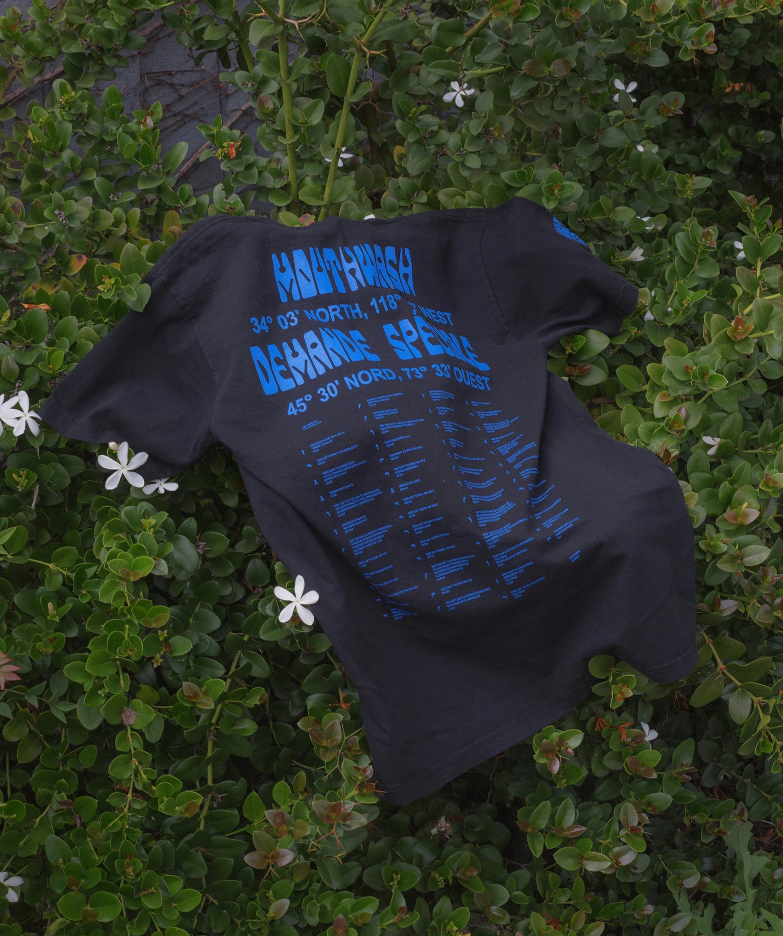 T-shirt noir, collaboration Mouthwash Studio à impression bleue, posé dans l'herbe   (T-shirt collab Mouthwash)