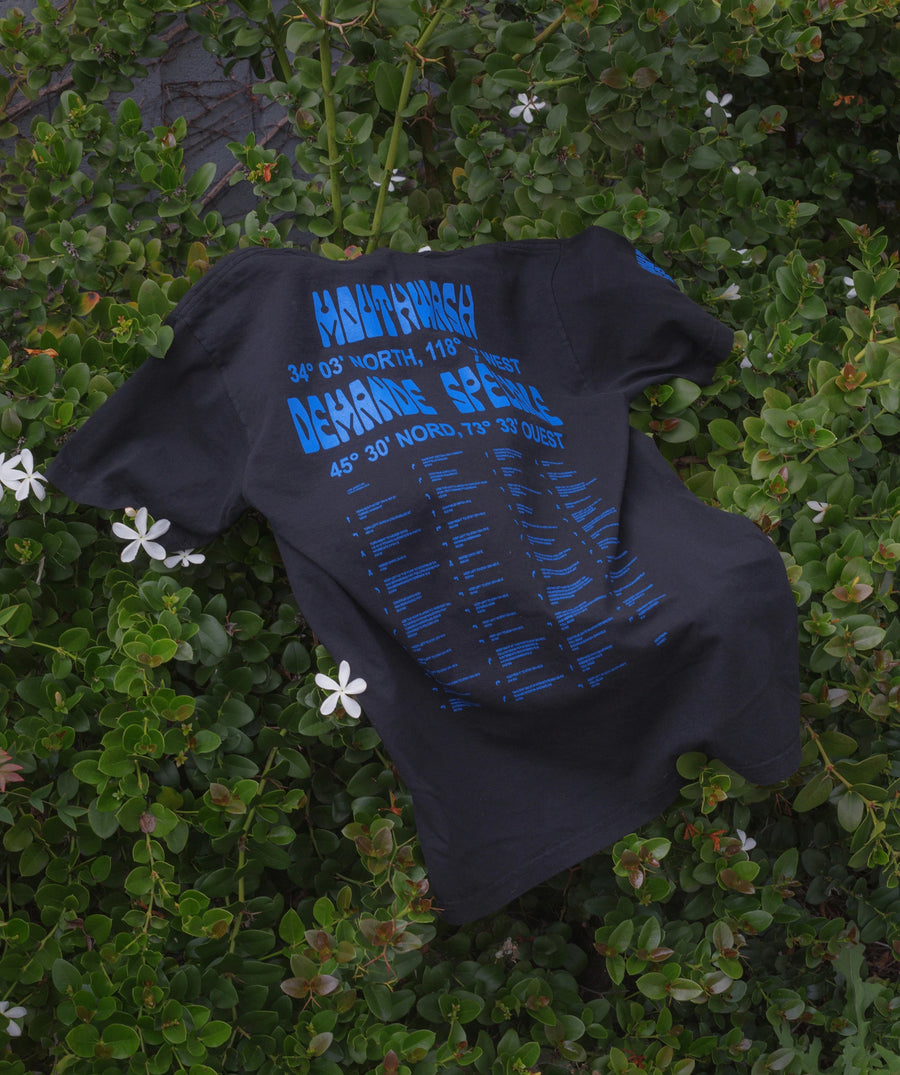 T-shirt noir, collaboration Mouthwash Studio à impression bleue, posé dans l'herbe   (T-shirt collab Mouthwash)