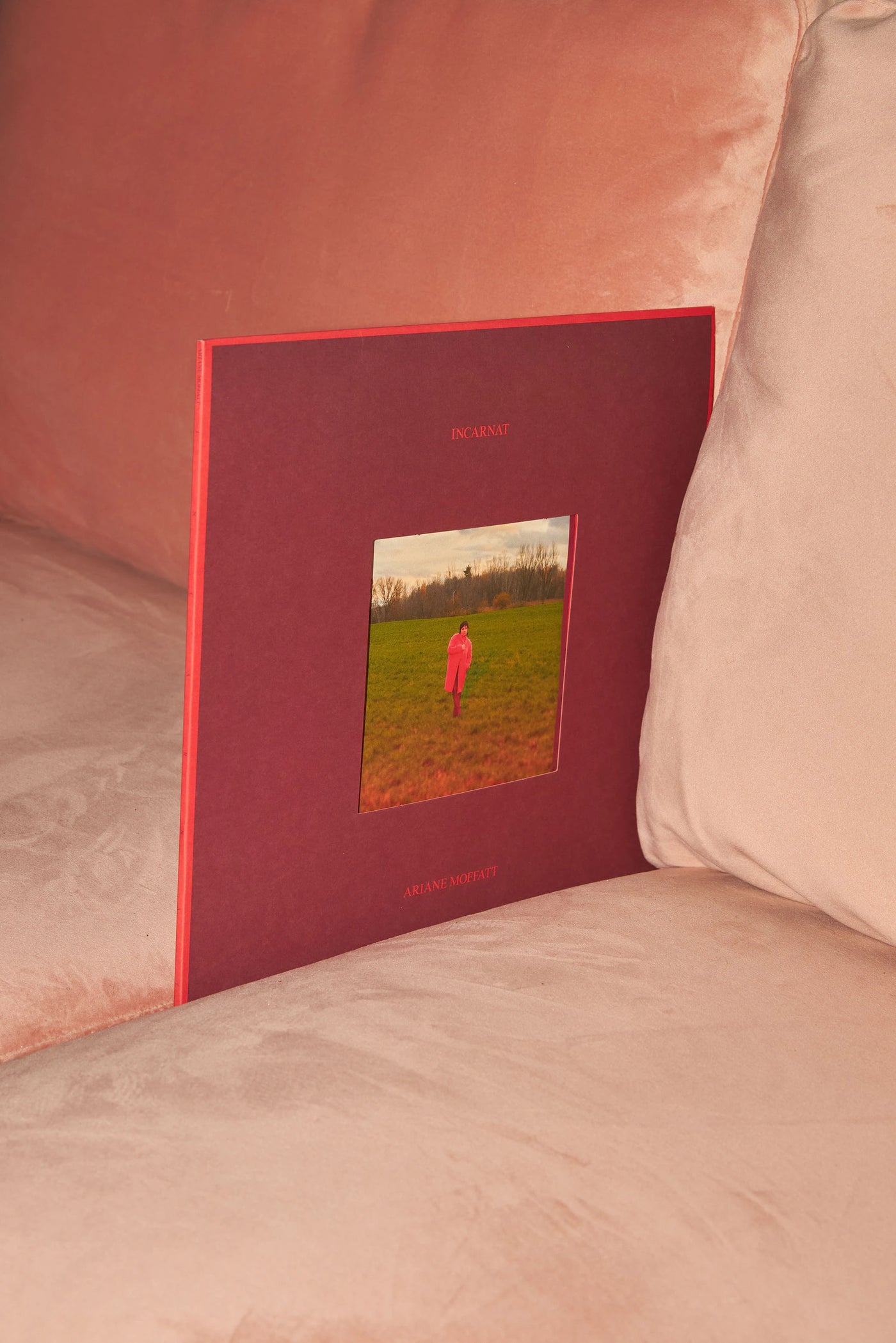 Incarnat — pochette bordée de rouge avec photo carrée d'une silhouette en rouge dans un champ, sur sofa rose