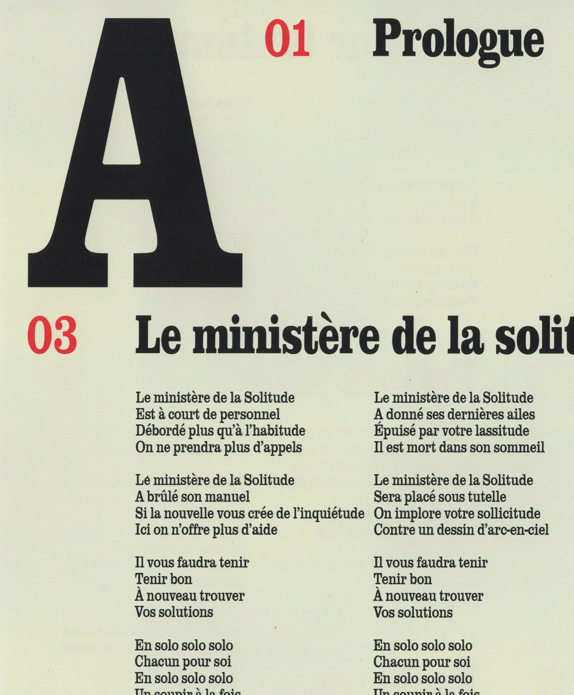 Airs de Jeux — feuillet des paroles, gros « A », titres « Prologue » et « Le ministère de la solitude »