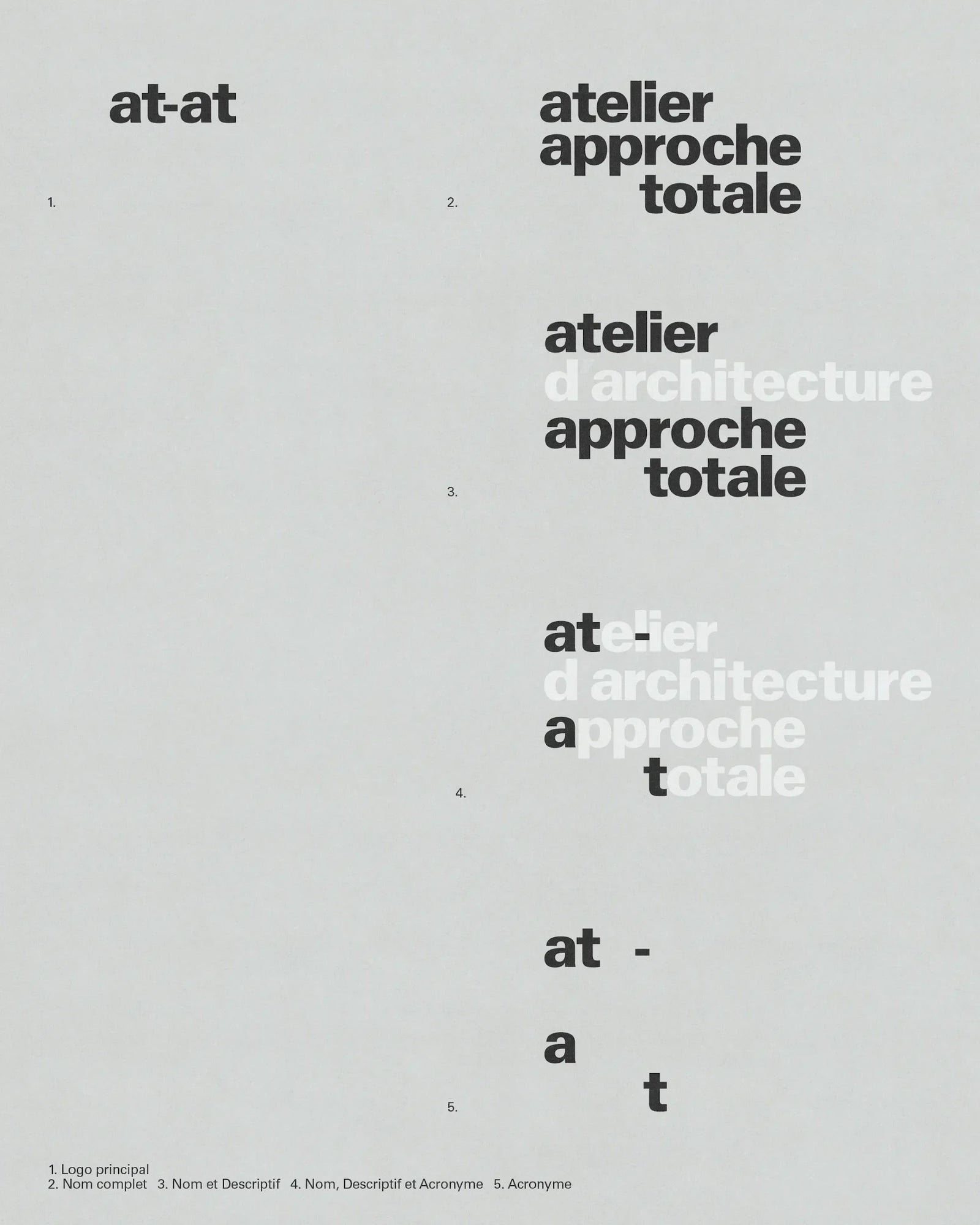 at-at — planche d'identité déclinant le logo et la signature « atelier d'architecture approche totale »