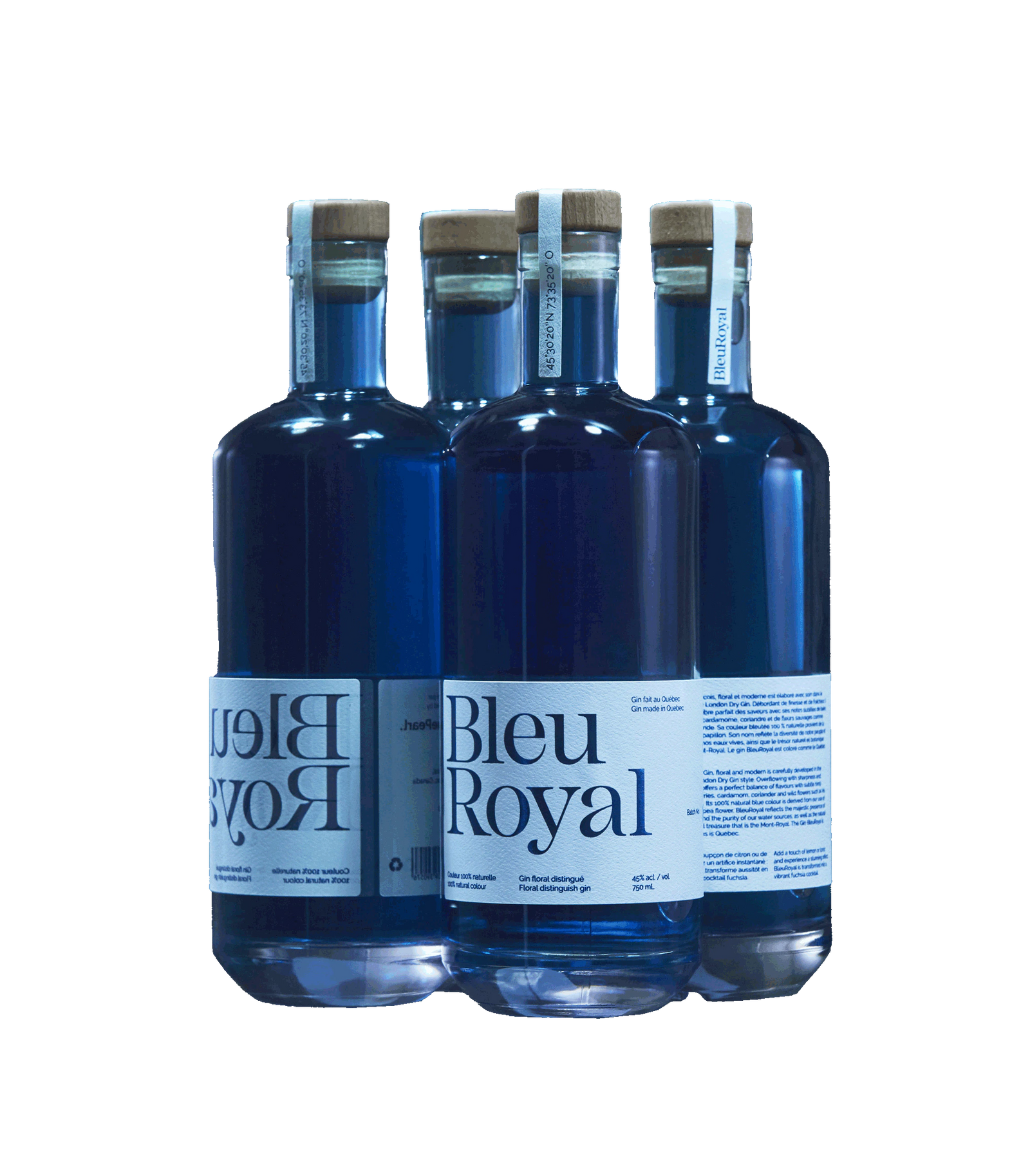 BleuRoyal — bouteilles de gin bleu translucide alignées, étiquettes bicolores
