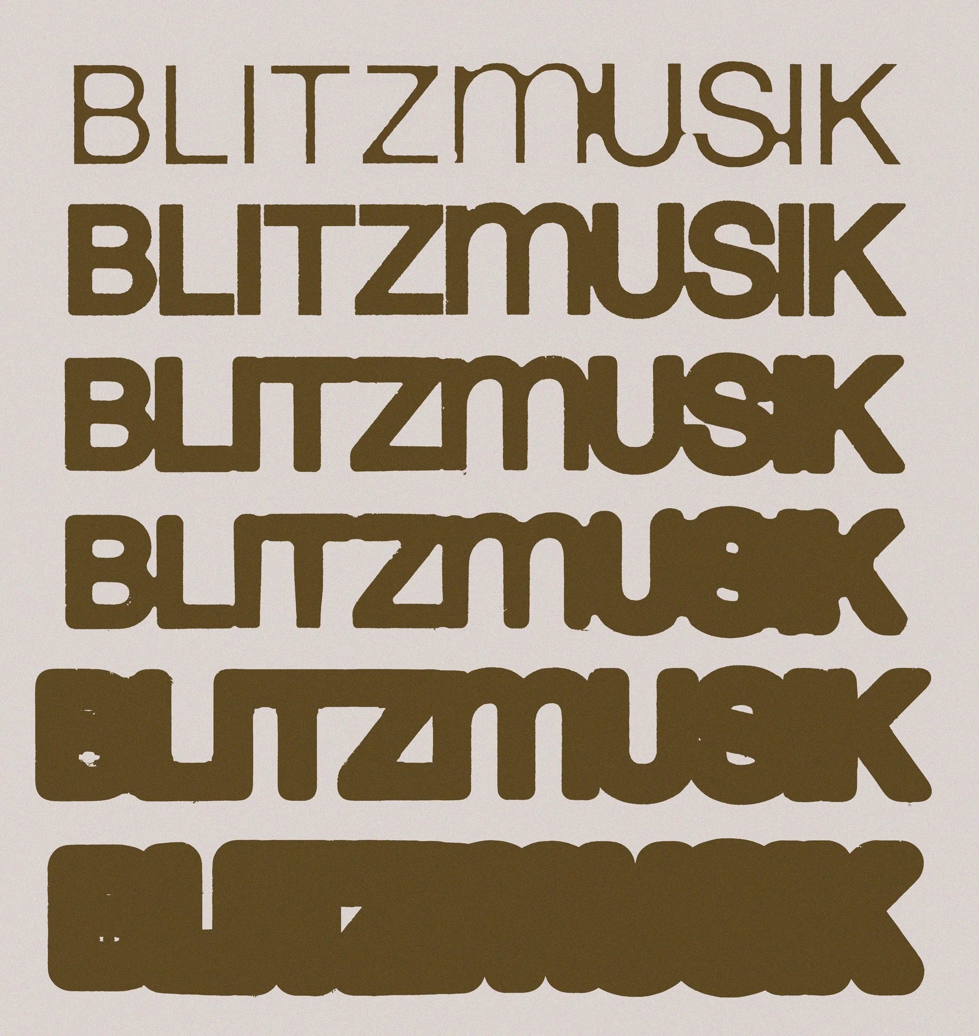 Blitzmusik — wordmark décliné en dégradé du net au flou, lettrage ocre sur fond gris