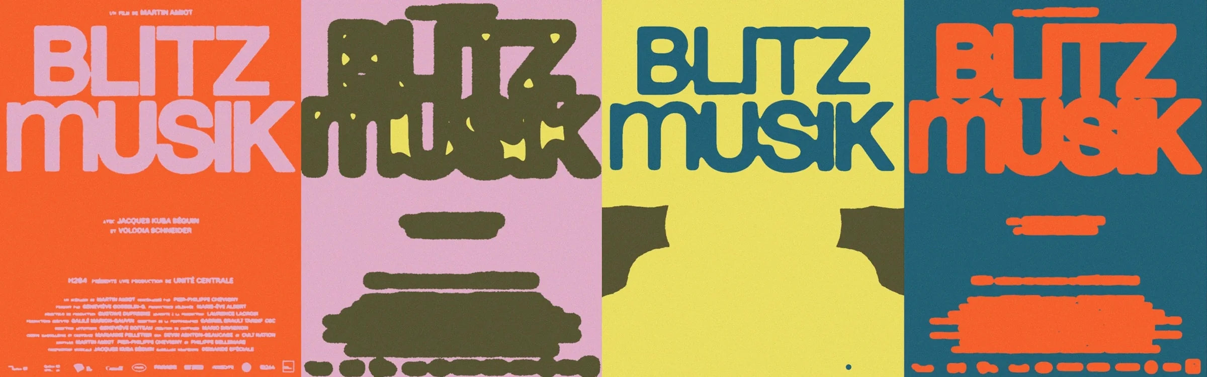 Blitzmusik — quatre affiches colorées du film avec le titre en lettrage condensé