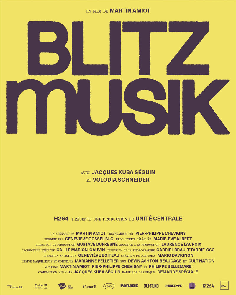 Blitzmusik — affiche jaune du film, titre violet en gros lettrage et générique complet