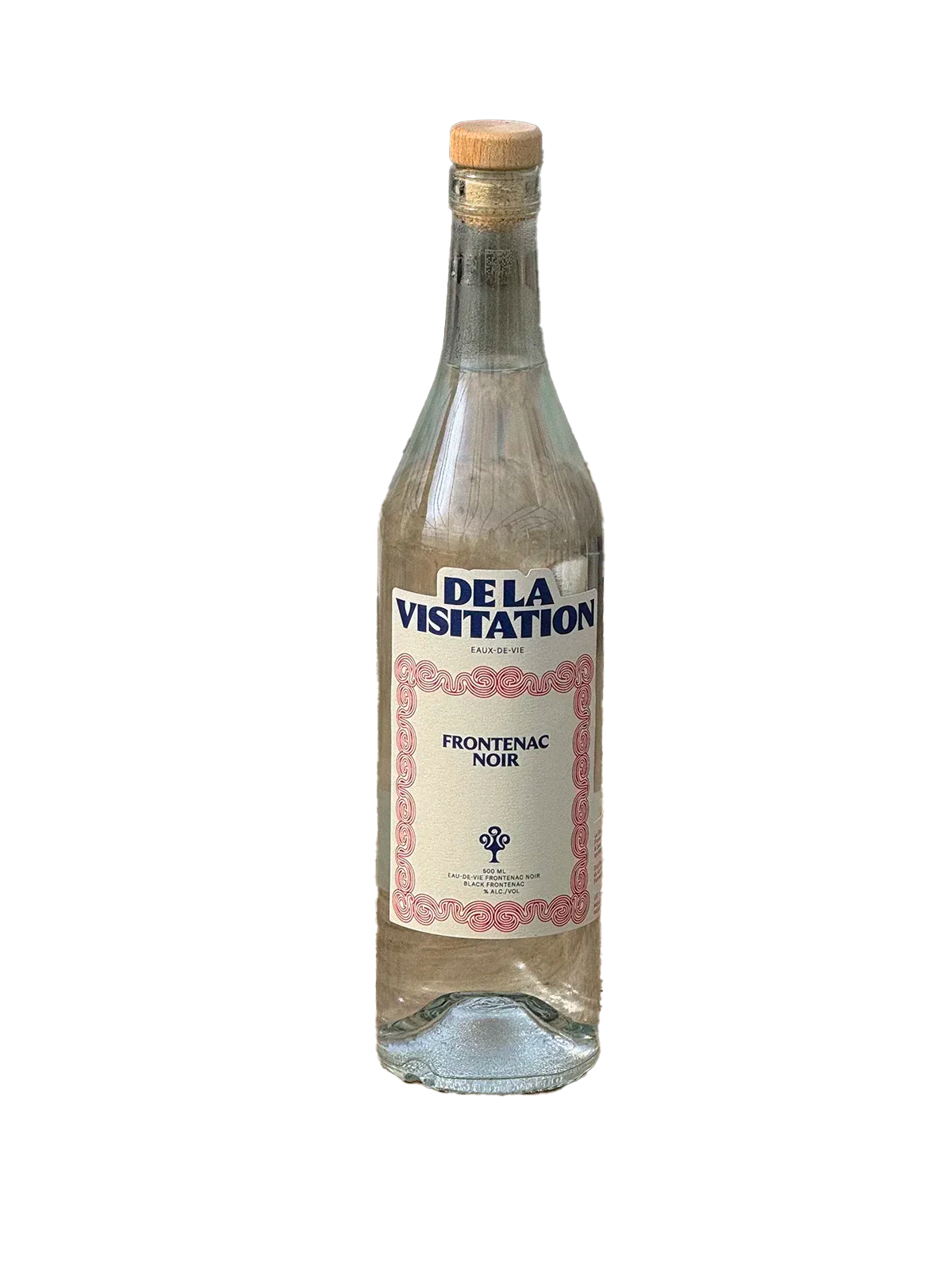 De la Visitation — bouteille d'eau-de-vie Frontenac Noir, étiquette à liseré rose, fond noir