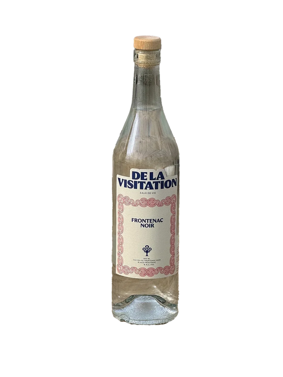 De la Visitation — bouteille Frontenac Noir, étiquette à liseré rose, fond noir