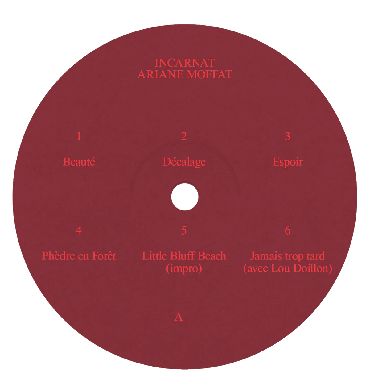 Incarnat — étiquette de vinyle rouge face A listant les titres de l'album d'Ariane Moffatt