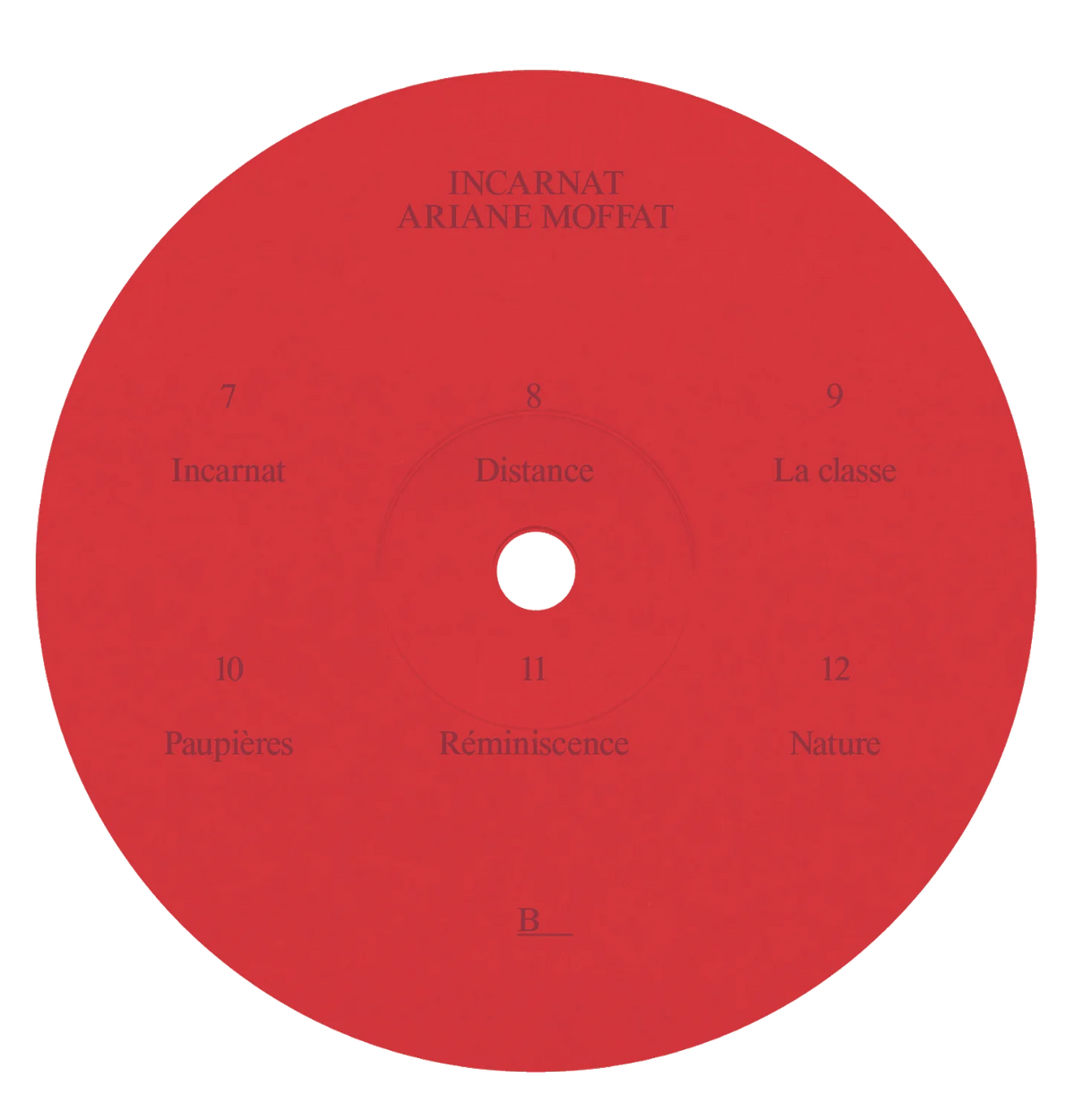 Incarnat — étiquette de vinyle rouge face B listant les titres de l'album d'Ariane Moffatt