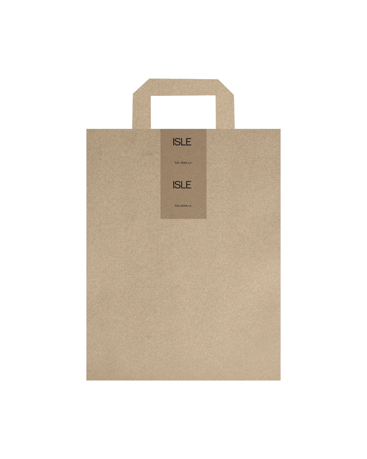 ISLE — sac tote en papier kraft avec étiquette « ISLE » et adresse isle-store.ca