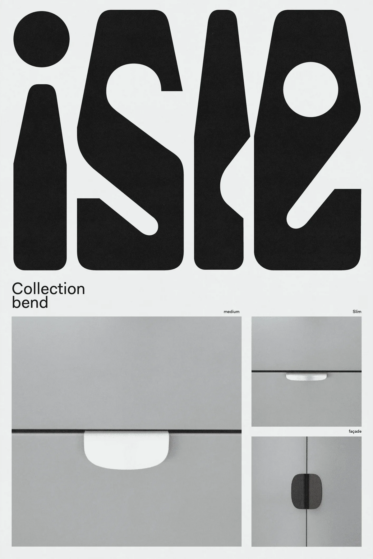 ISLE — affiche « Collection bend » avec gros wordmark noir et vignettes de tiroirs et poignées