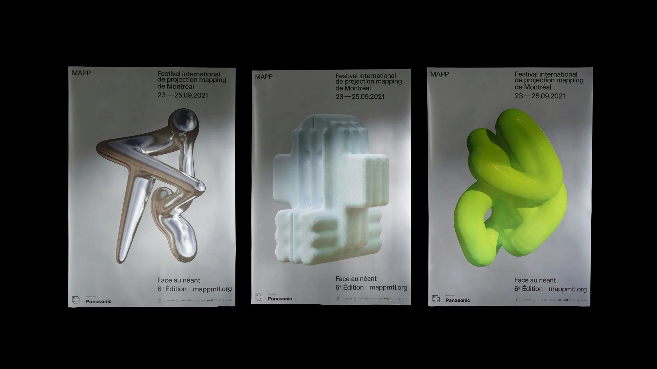 Face au néant — trois affiches du festival, formes 3D chromée, blanche et vert fluo, sur fond sombre
