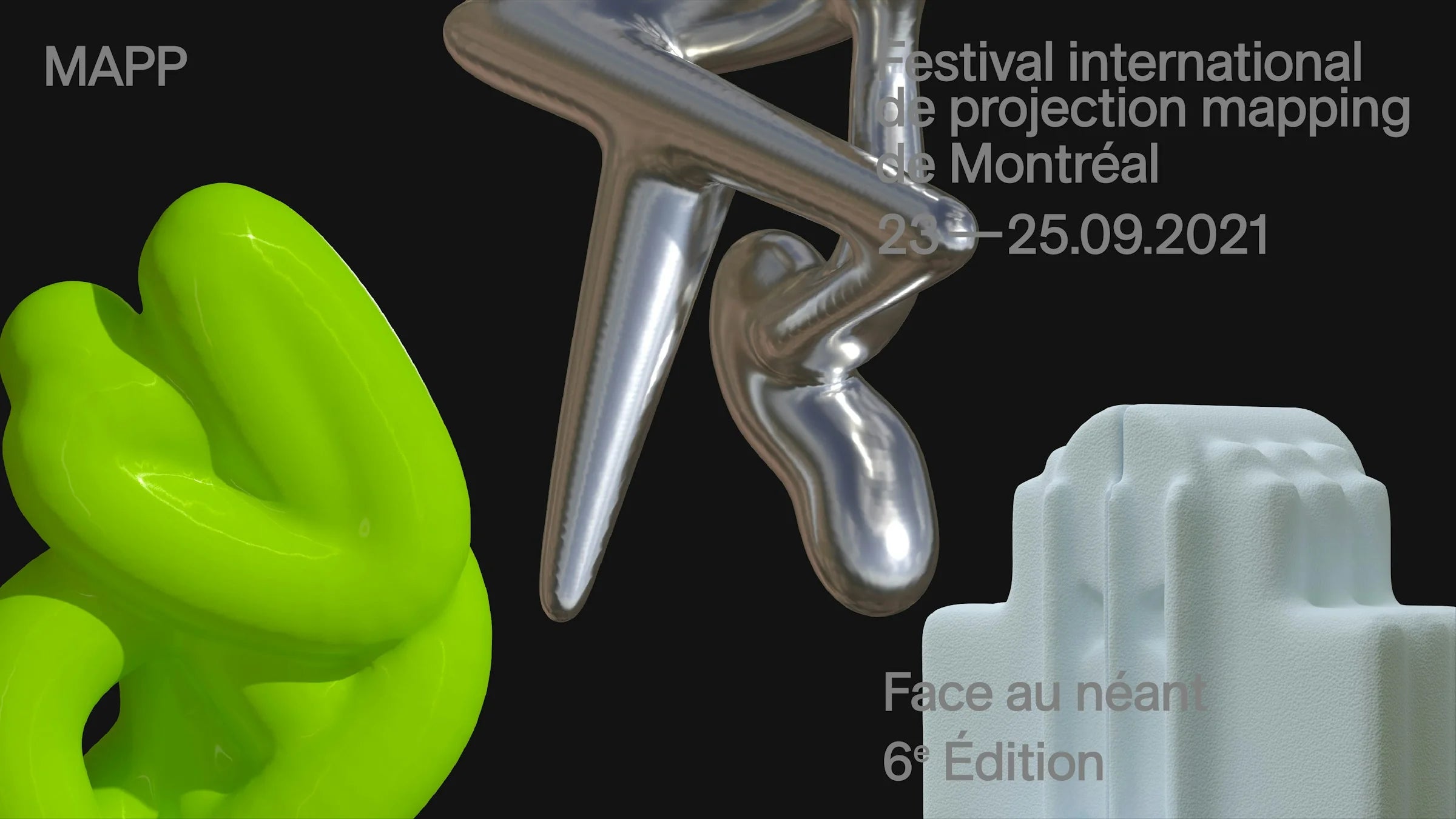 Face au néant — composition titre noire avec formes 3D vert fluo, chromée et blanche et lettrage du festival