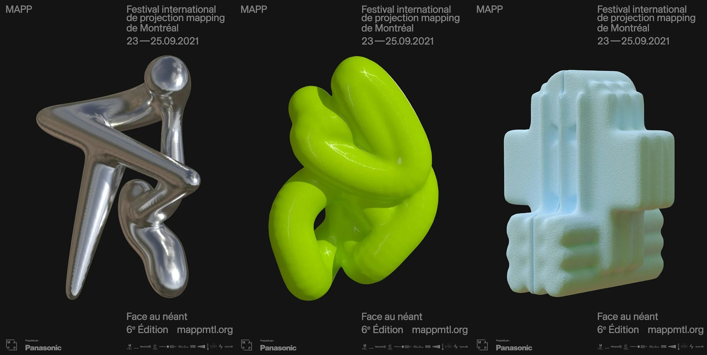 Face au néant — trois affiches noires alignées, sculptures 3D chromée, vert fluo et blanche, lettrage du festival