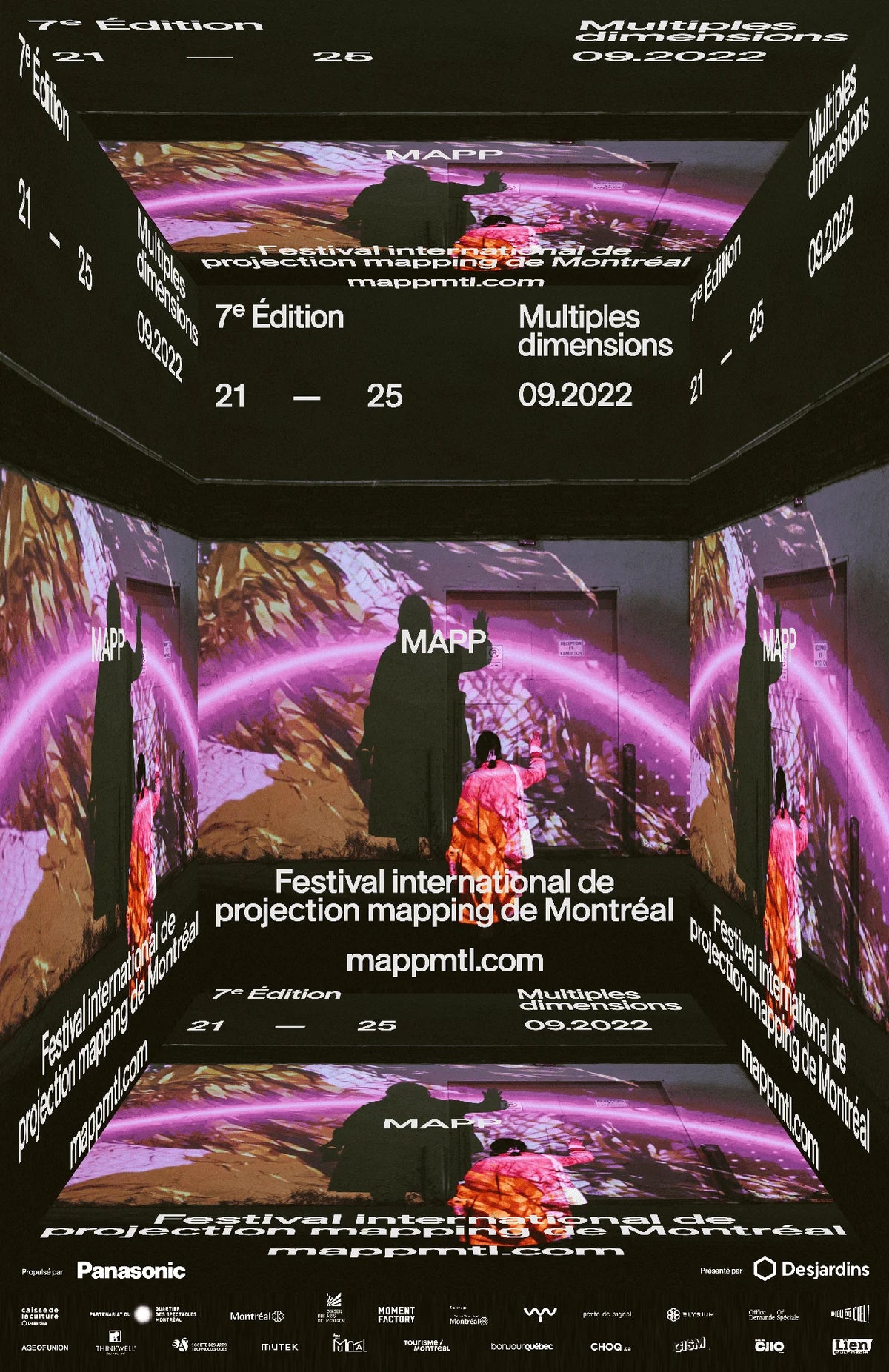 Multiples dimensions — affiche 11x17 noire au visuel filaire abstrait, titre 7e édition et dates 09.2022