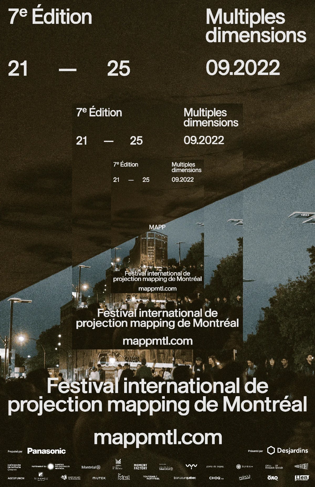Multiples dimensions — affiche noire avec photo nocturne urbaine et lettrage blanc du festival