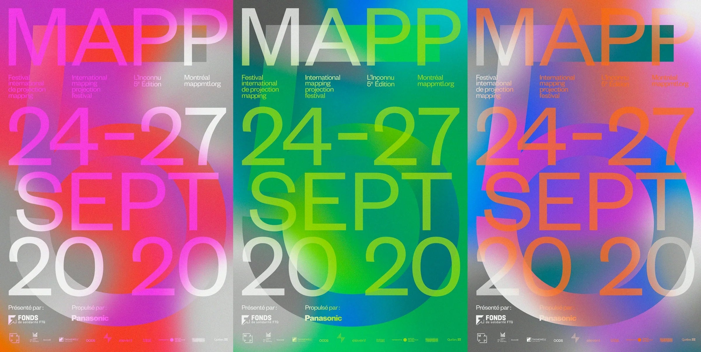 L'inconnu — trois variantes de l'affiche aux dégradés fuchsia, vert et orangé avec grand wordmark MAPP