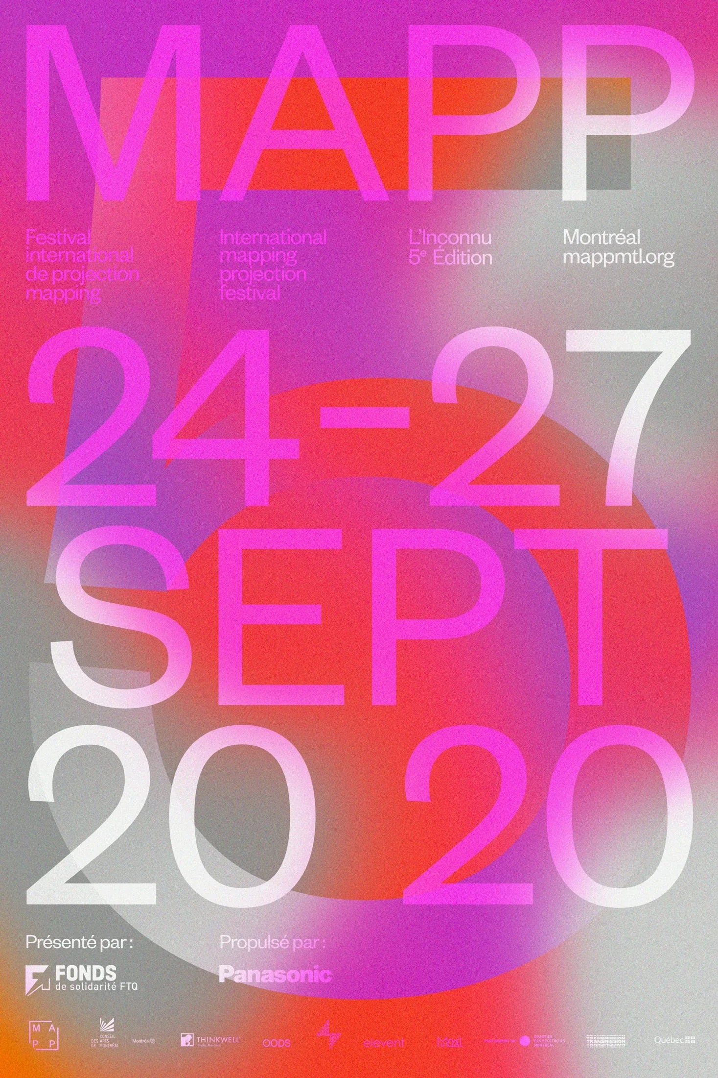 L'inconnu — affiche au dégradé rose et mauve, grand wordmark MAPP et dates 24-27 sept 2020
