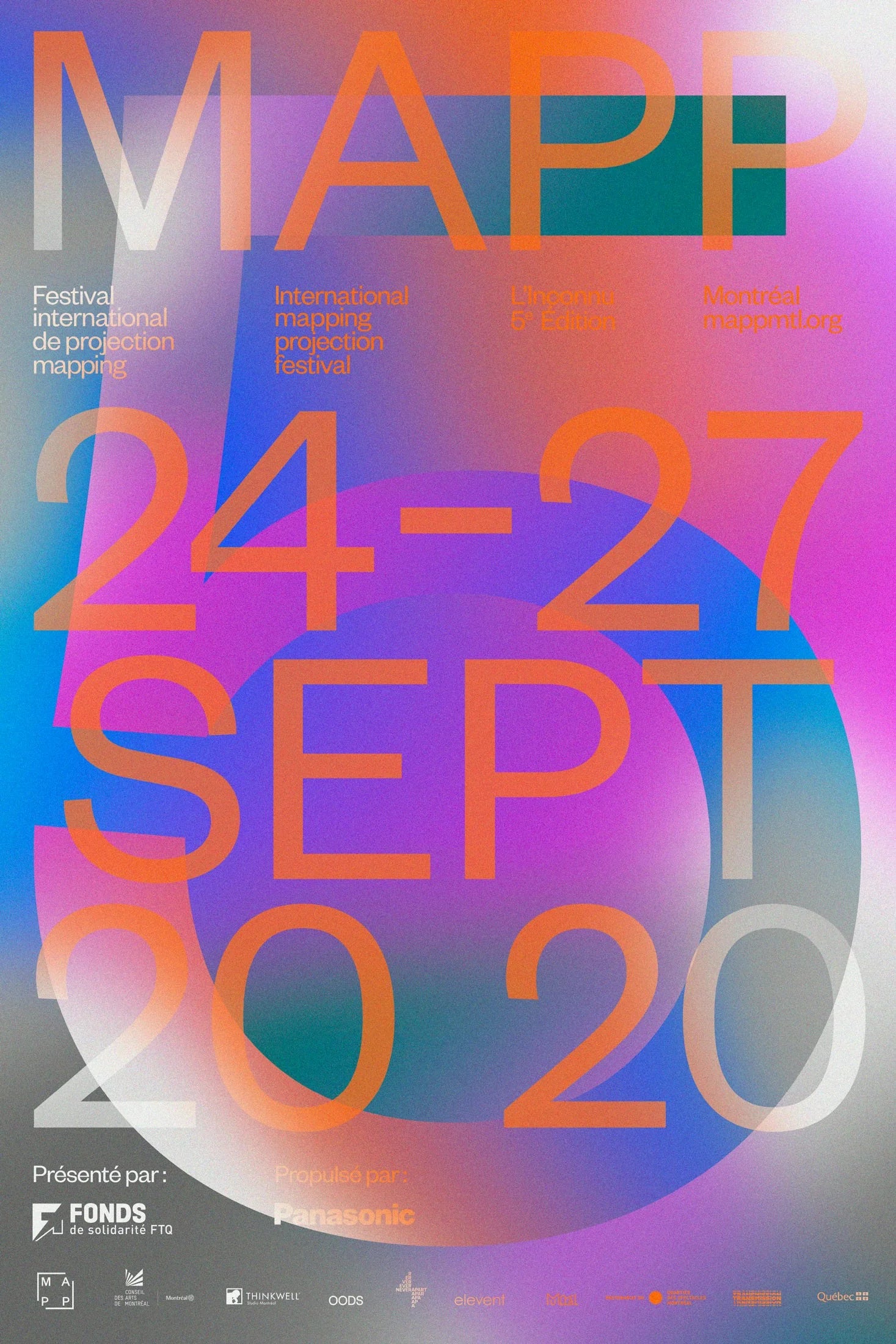 L'inconnu — affiche au dégradé multicolore froid, grand wordmark MAPP et dates 24-27 sept 2020