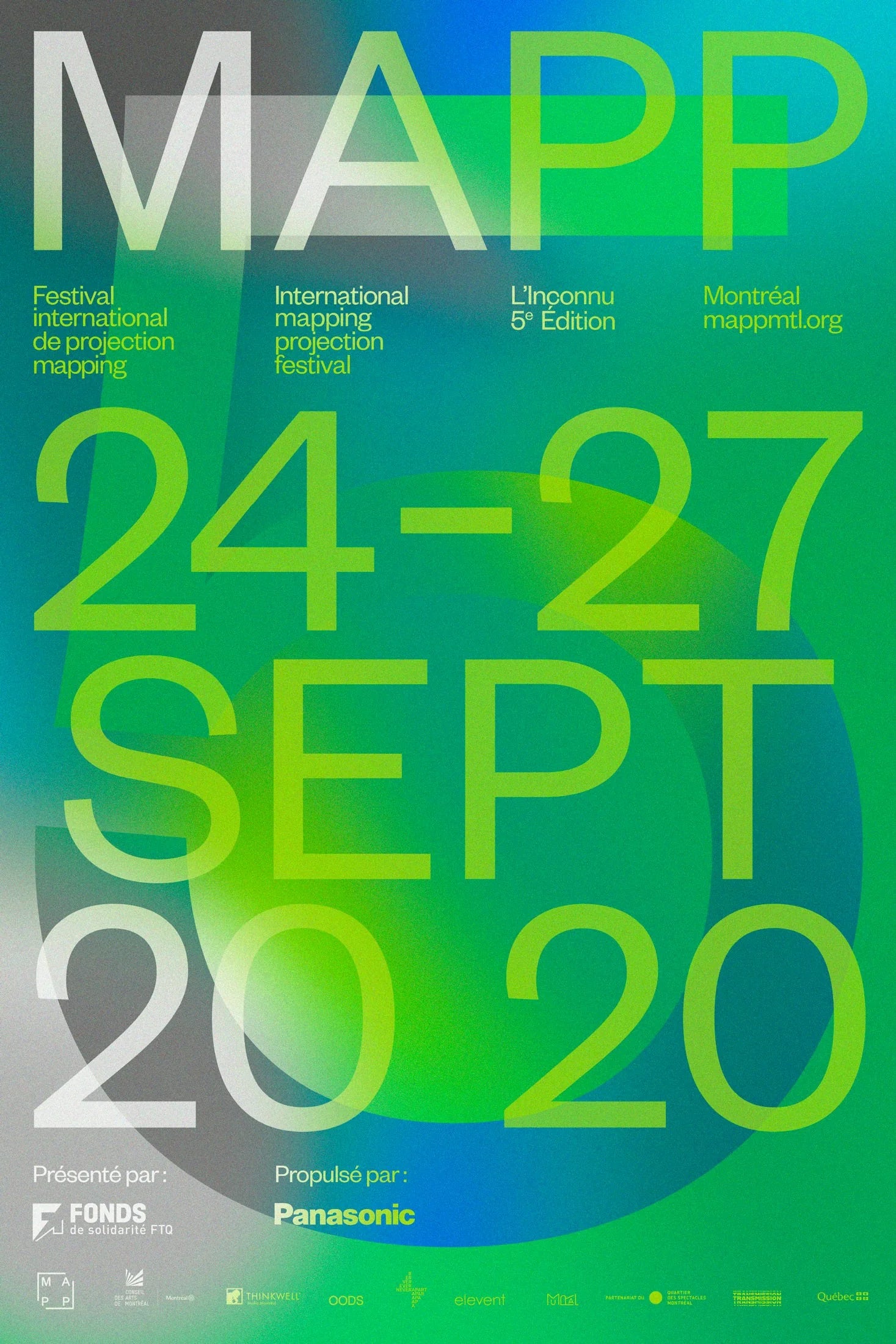 L'inconnu — affiche au dégradé vert et bleu, grand wordmark MAPP et dates 24-27 sept 2020