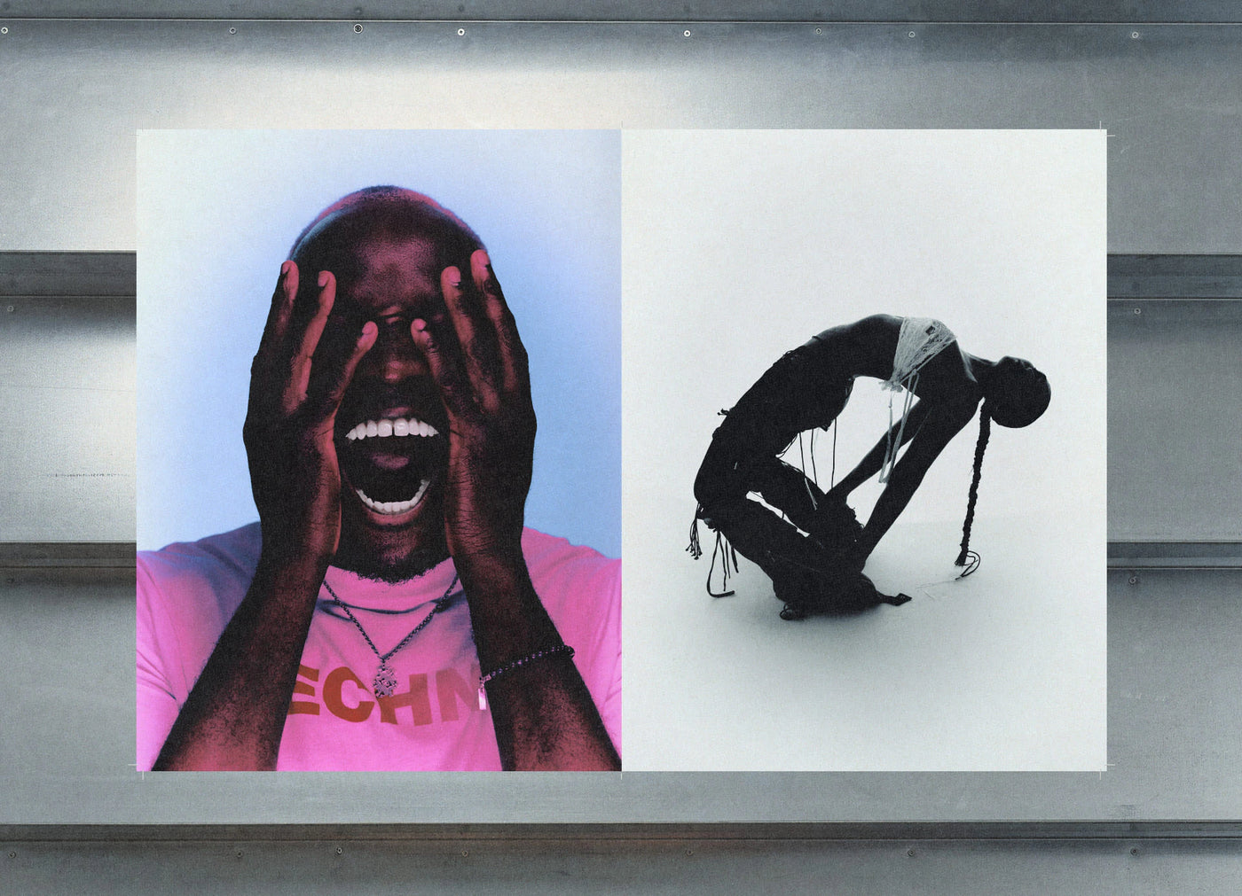 Now — double pages photographiques, homme criant mains au visage et silhouette accroupie sur fond blanc