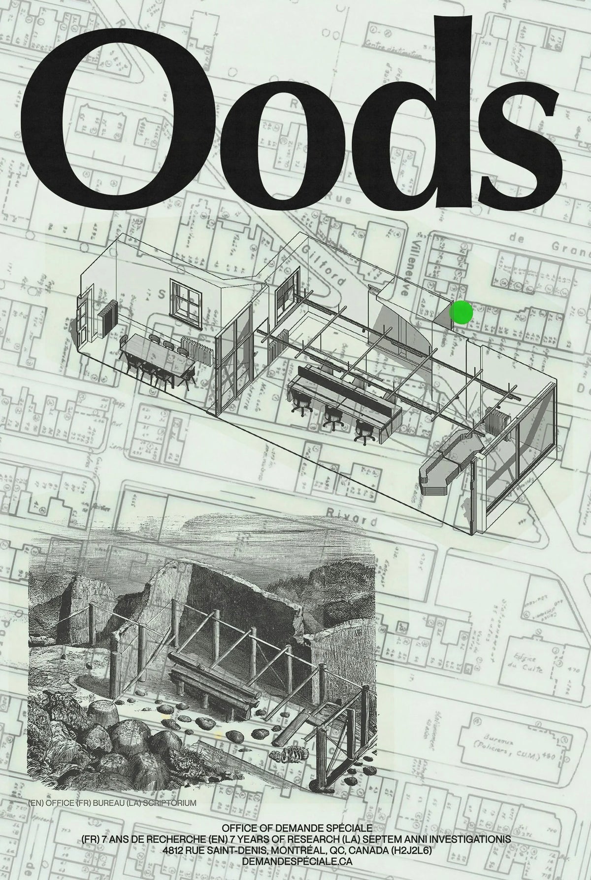 Beyond Time — affiche grise wordmark « Oods », axonométrie d'exposition avec maquettes et carré vert fluo