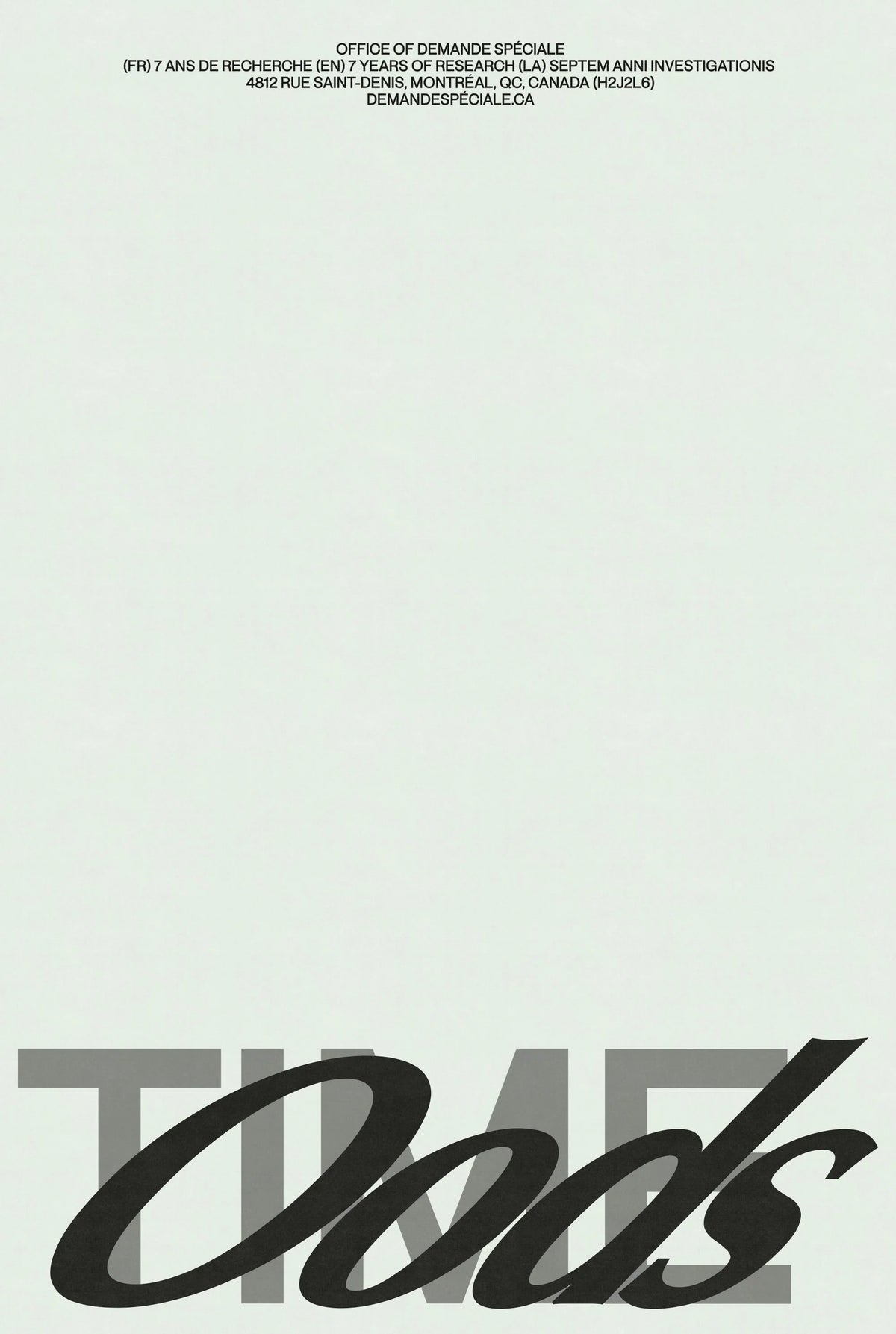Beyond Time — affiche vert pâle, wordmark « Oods » en italique chevauchant le mot « TIME » estompé