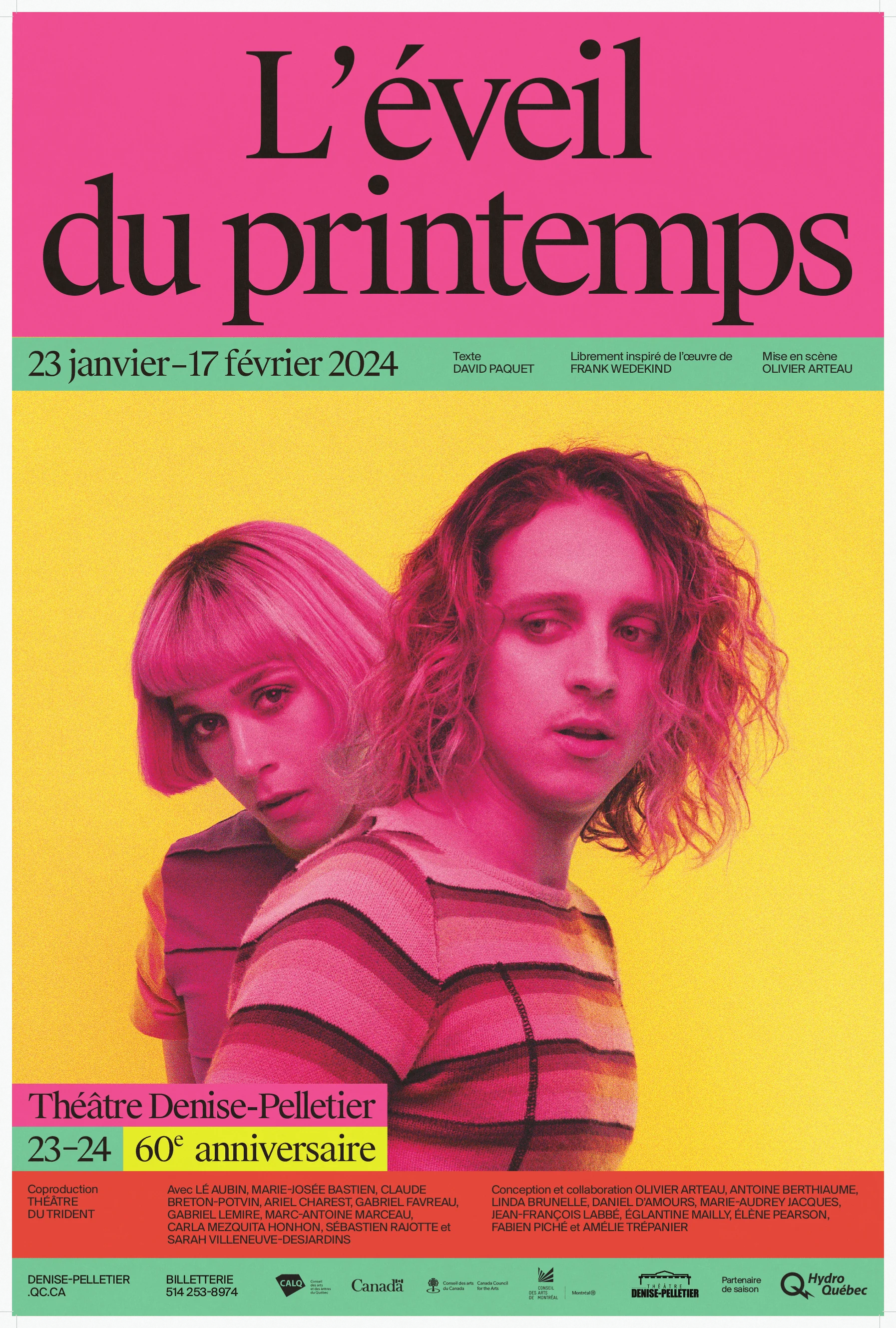 Théâtre Denise-Pelletier  — affiche « L'éveil du printemps » rose et vert, deux jeunes au Théâtre Denise-Pelletier
