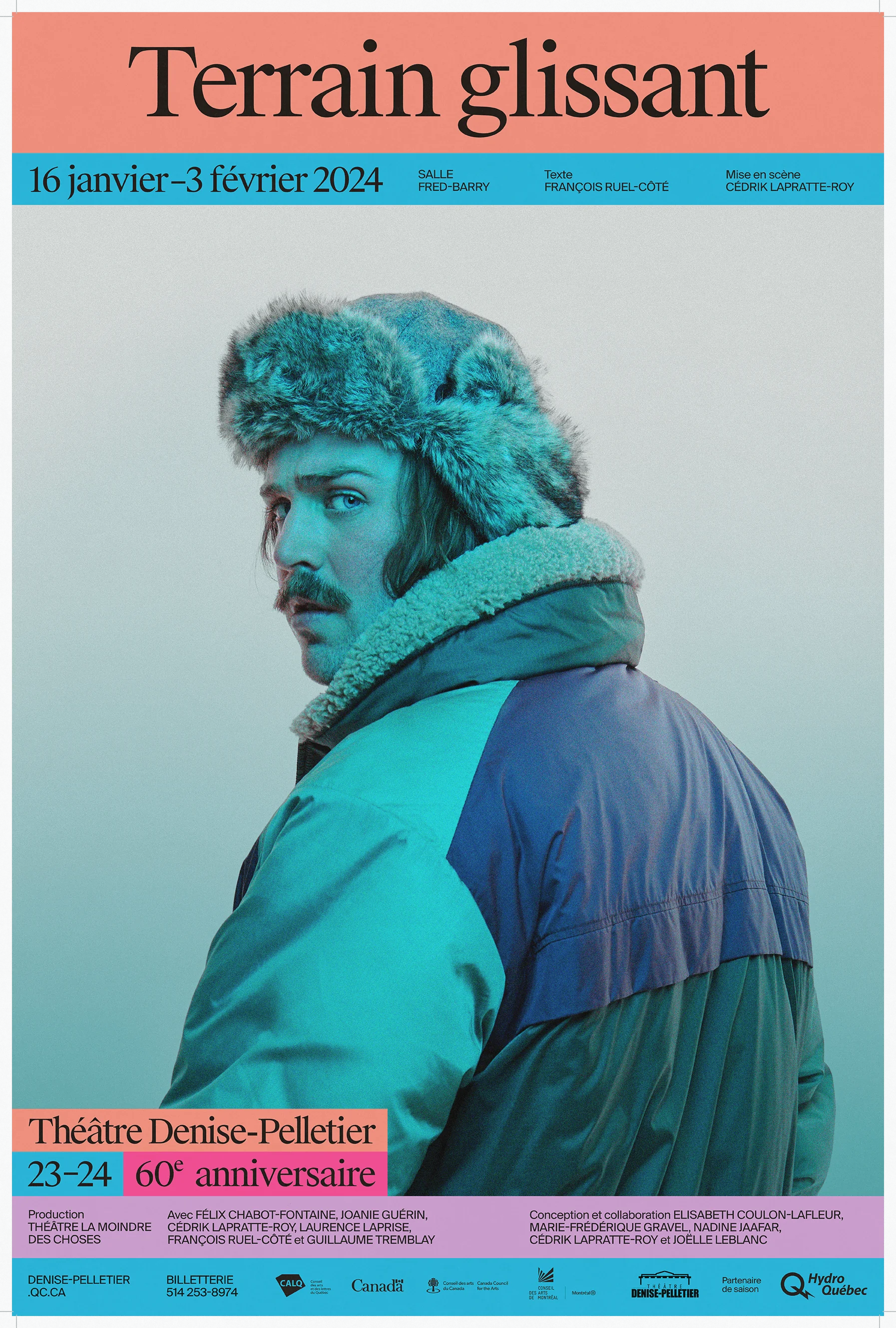 Théâtre Denise-Pelletier — affiche « Terrain glissant », homme en tuque et manteau d'hiver, Théâtre Denise-Pelletier