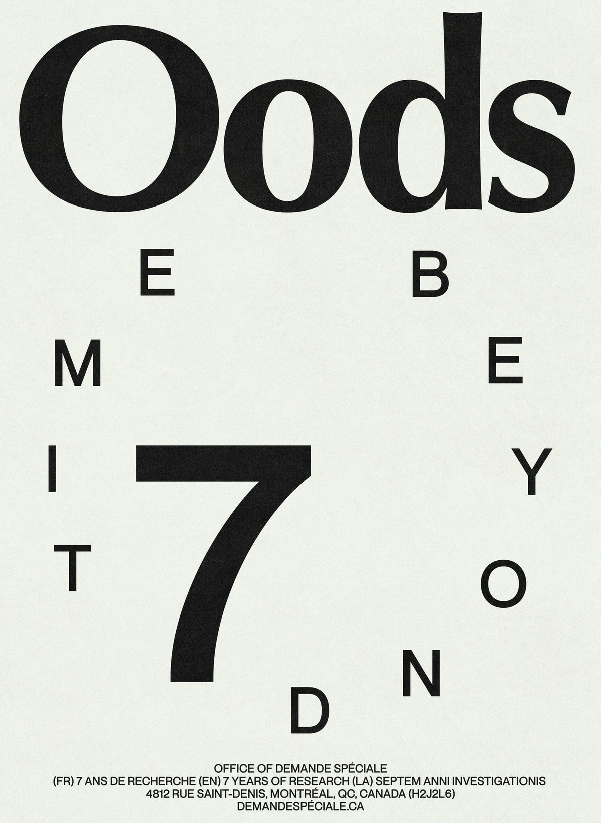 Beyond Time — affiche typographique « Oods » avec gros « 7 » et lettres B-E-Y-O-N-D-T-I-M-E dispersées