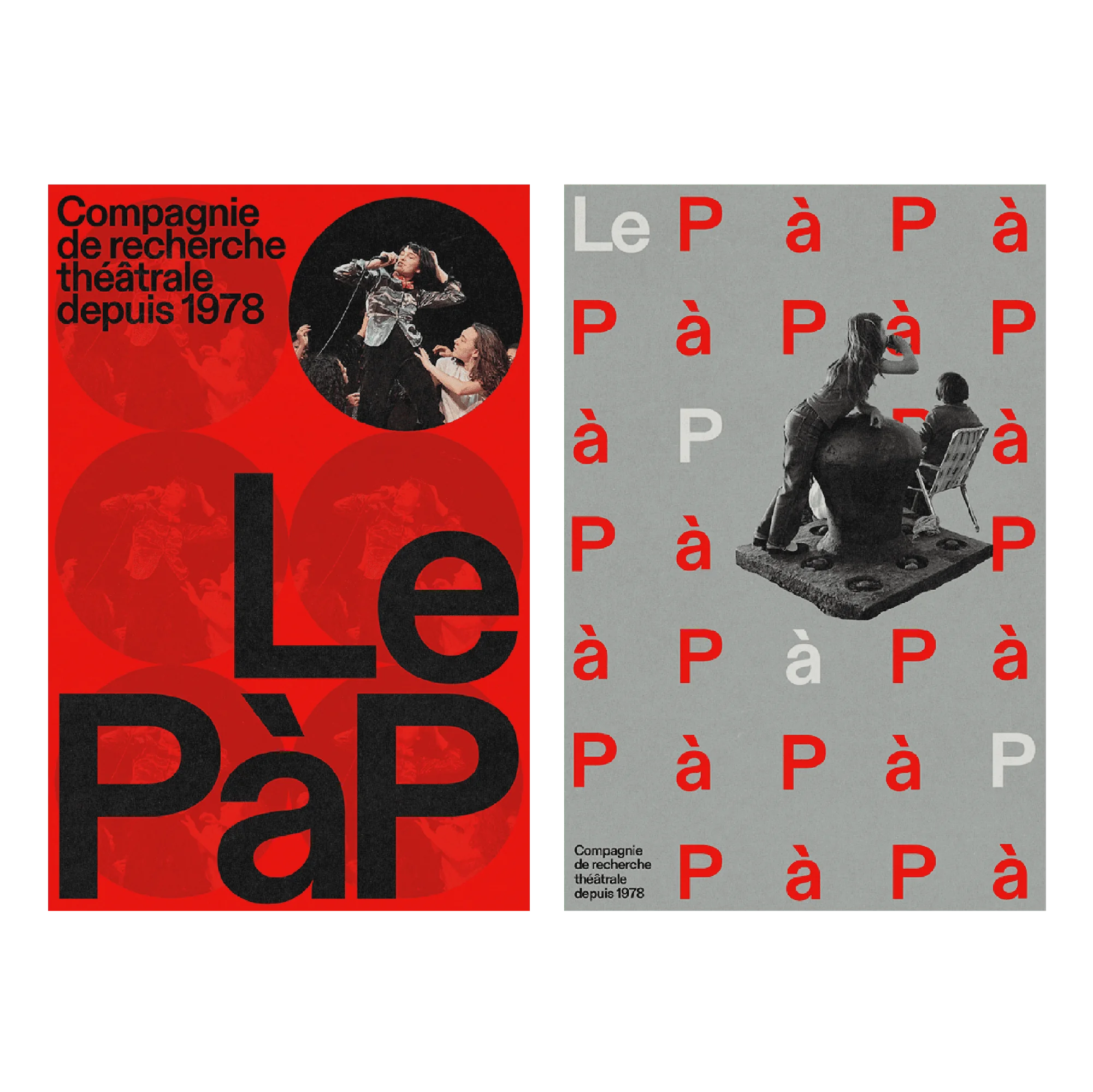 Le PàP — deux affiches du wordmark, version rouge sur scène et version grise avec sculpture