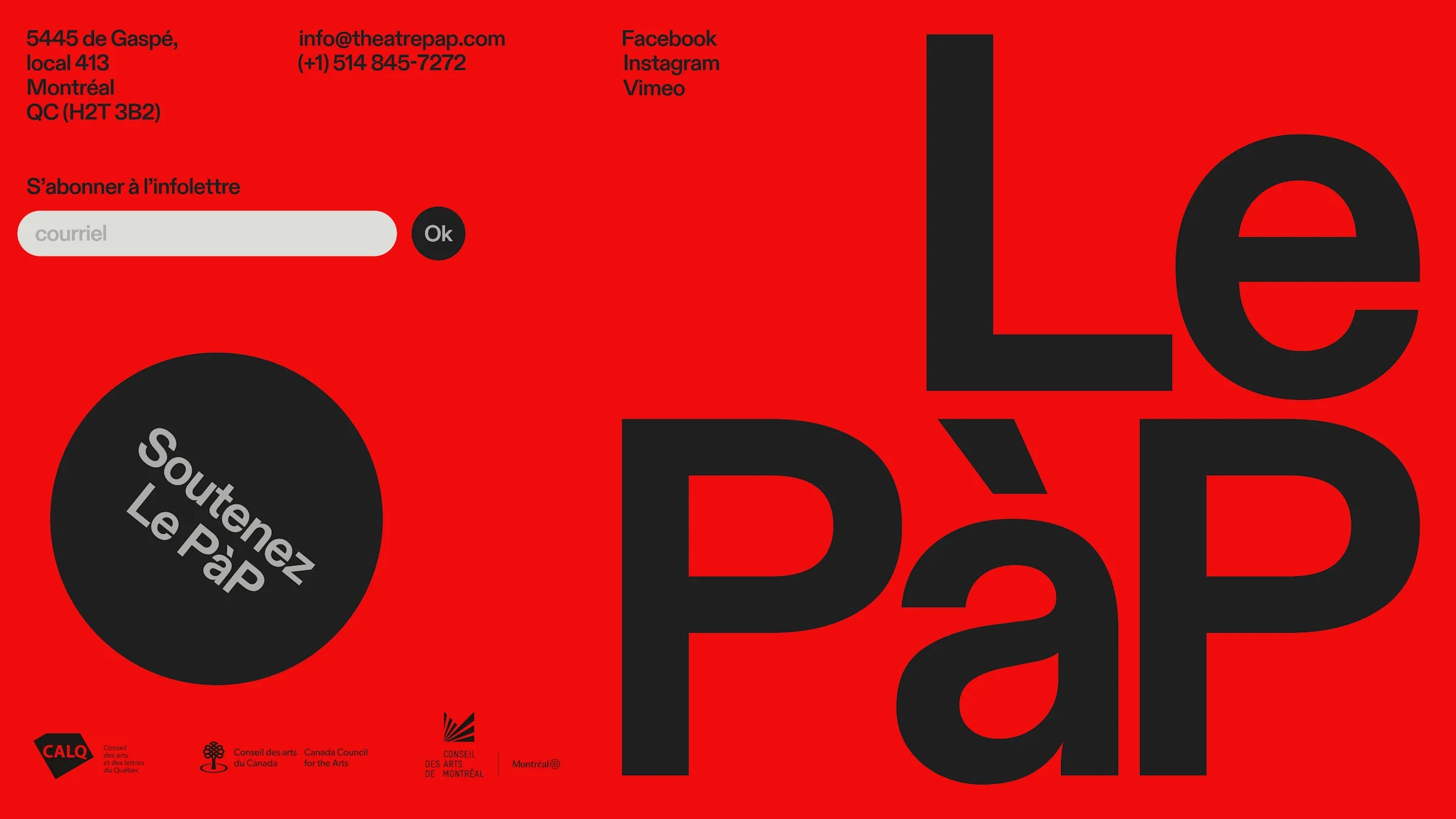 Le PàP — maquette de site web rouge, grand wordmark « Le PàP » et champ d'infolettre