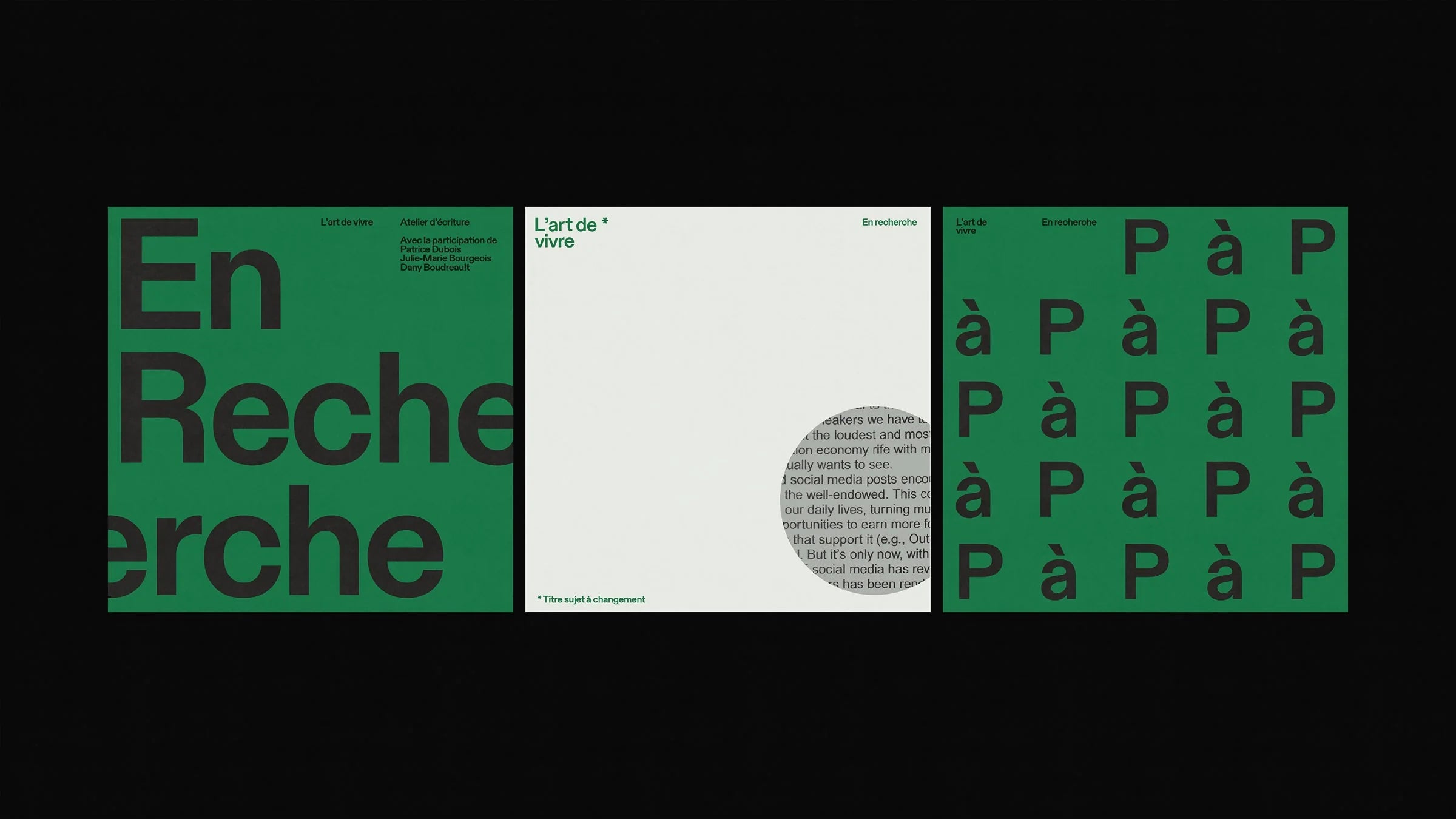 Le PàP — triptyque de pochettes vertes et blanches, « En Recherche » et « L'art de vivre »