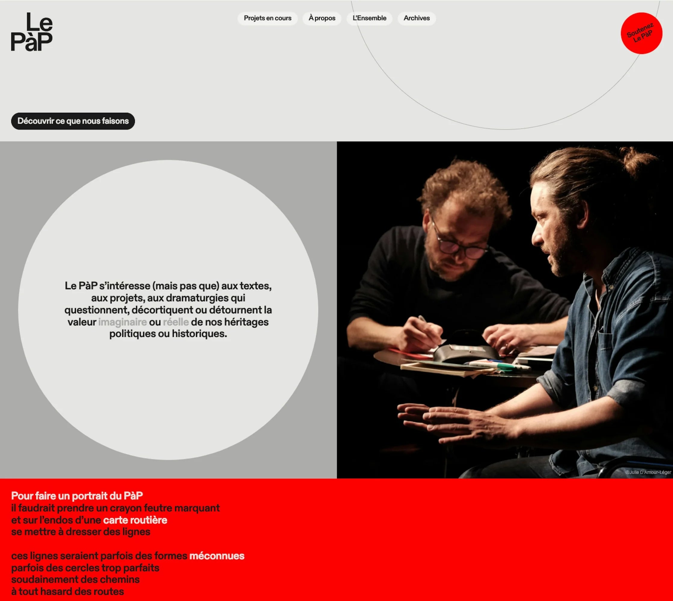 Le PàP — page d'accueil du site, deux hommes penchés sur une table, texte « Découvrir ce que nous faisons »