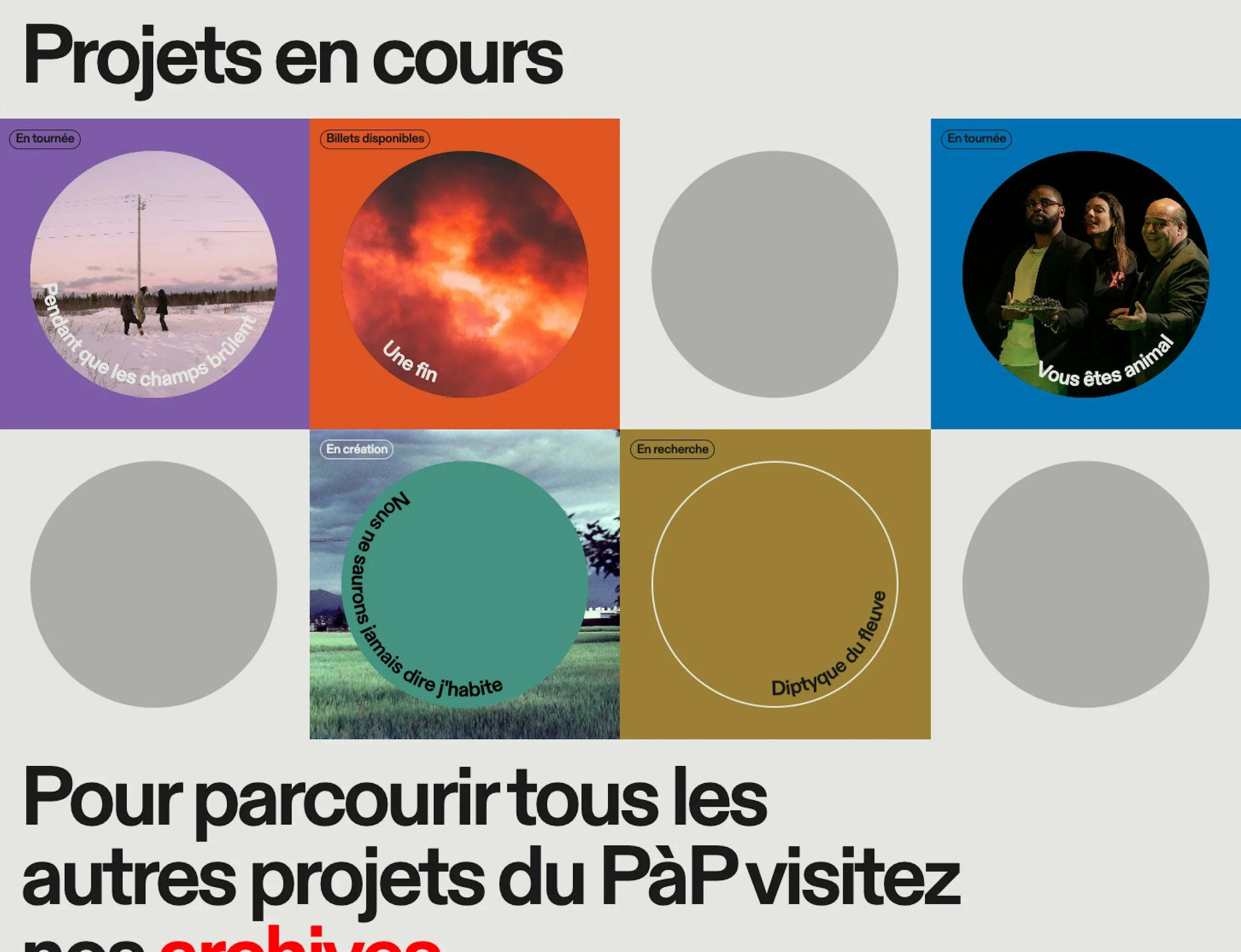 Le PàP — section « Projets en cours » du site, grille de vignettes circulaires colorées