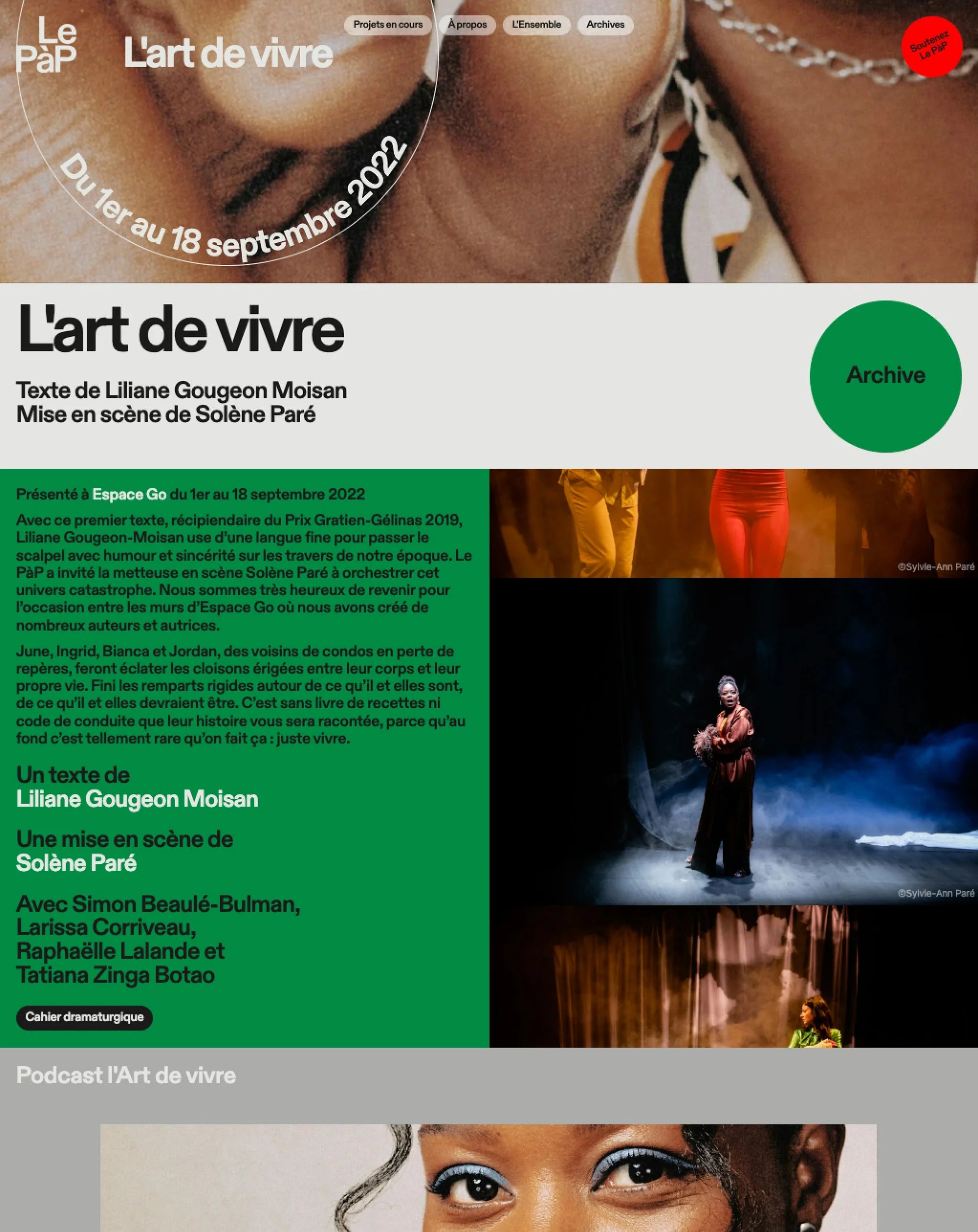 Le PàP — page de spectacle « L'art de vivre » de Liliane Gougeon Moisan, mise en scène Solène Paré