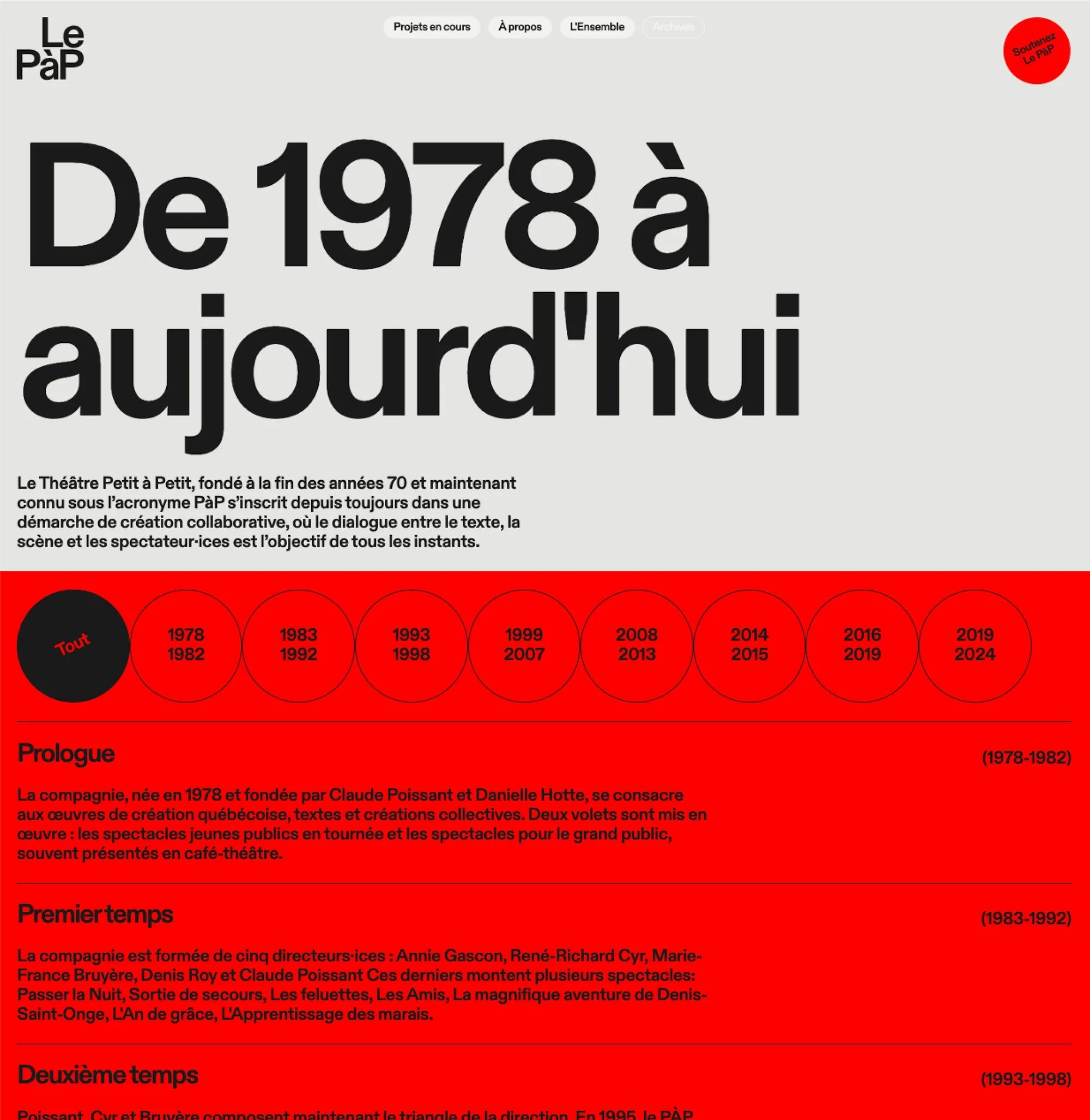 Le PàP — page « De 1978 à aujourd'hui », frise chronologique rouge de l'histoire de la compagnie