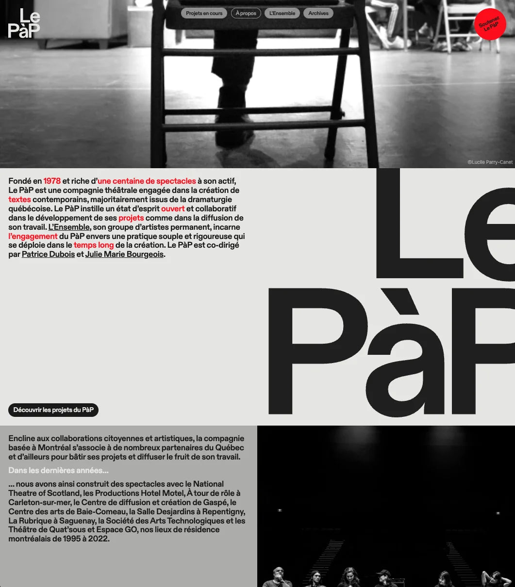 Le PàP — page À propos du site web, texte de présentation et grand wordmark Le PàP sur fond noir