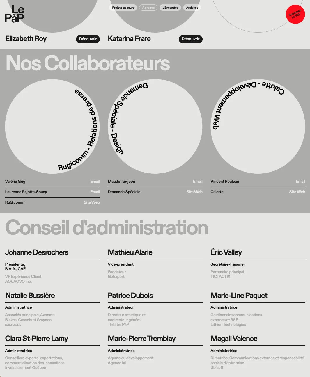 Le PàP — page web Collaborateurs et Conseil d'administration, noms en colonnes et titres circulaires des services