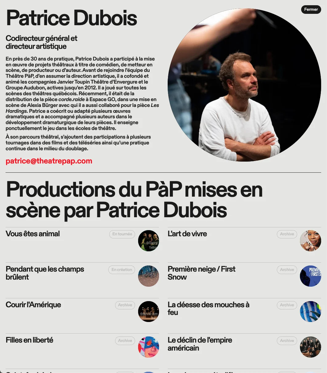Le PàP — fiche web de Patrice Dubois, portrait, biographie et liste des productions mises en scène