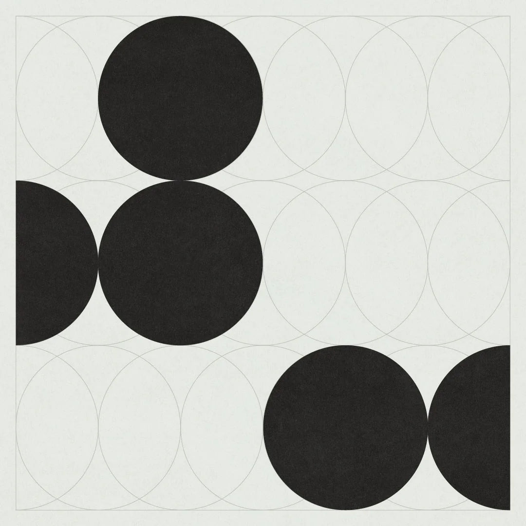 Le PàP — composition géométrique de cercles noirs sur grille, fond blanc cassé