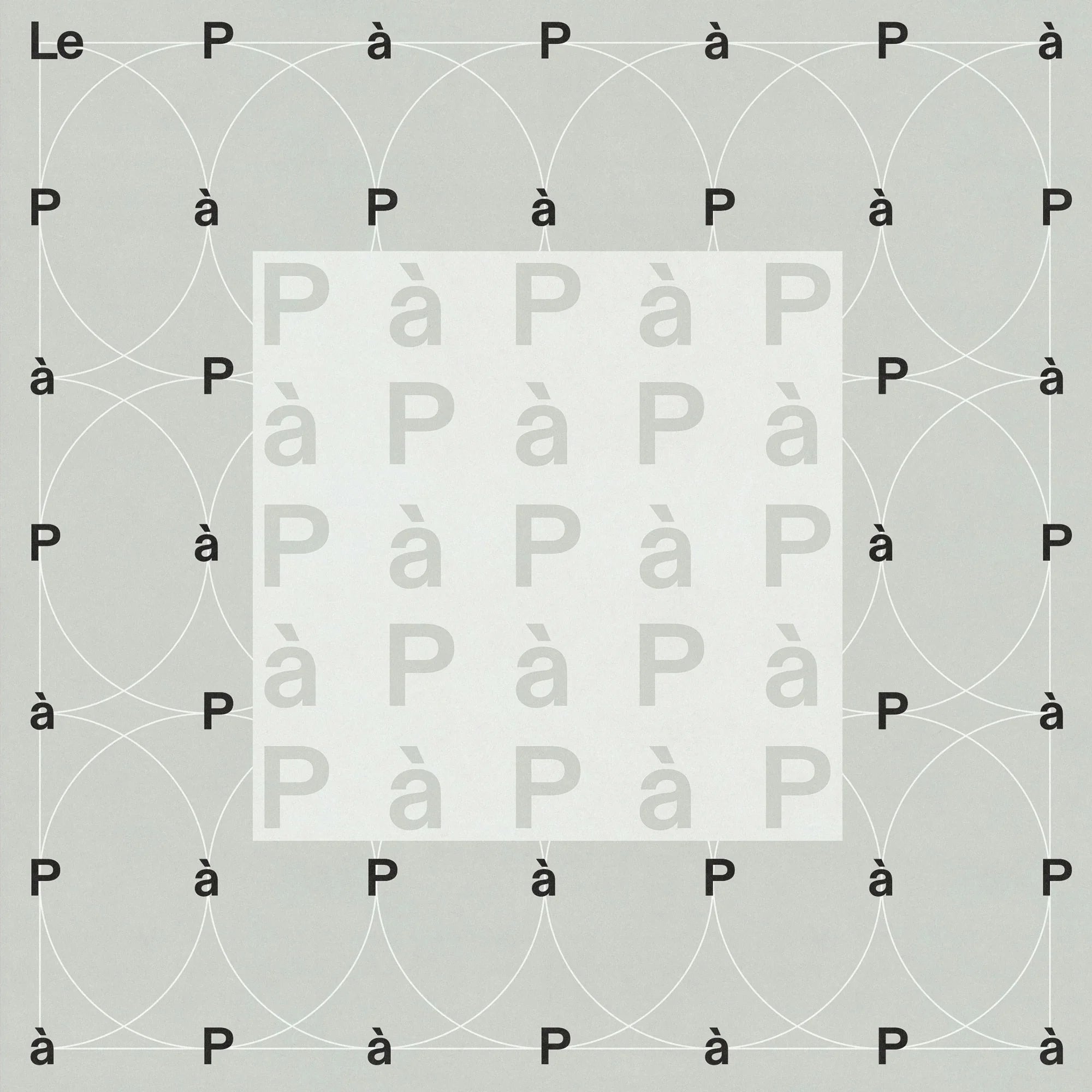 Le PàP — motif « PàP » noir sur grille de cercles, lettres claires encadrées au centre, fond gris