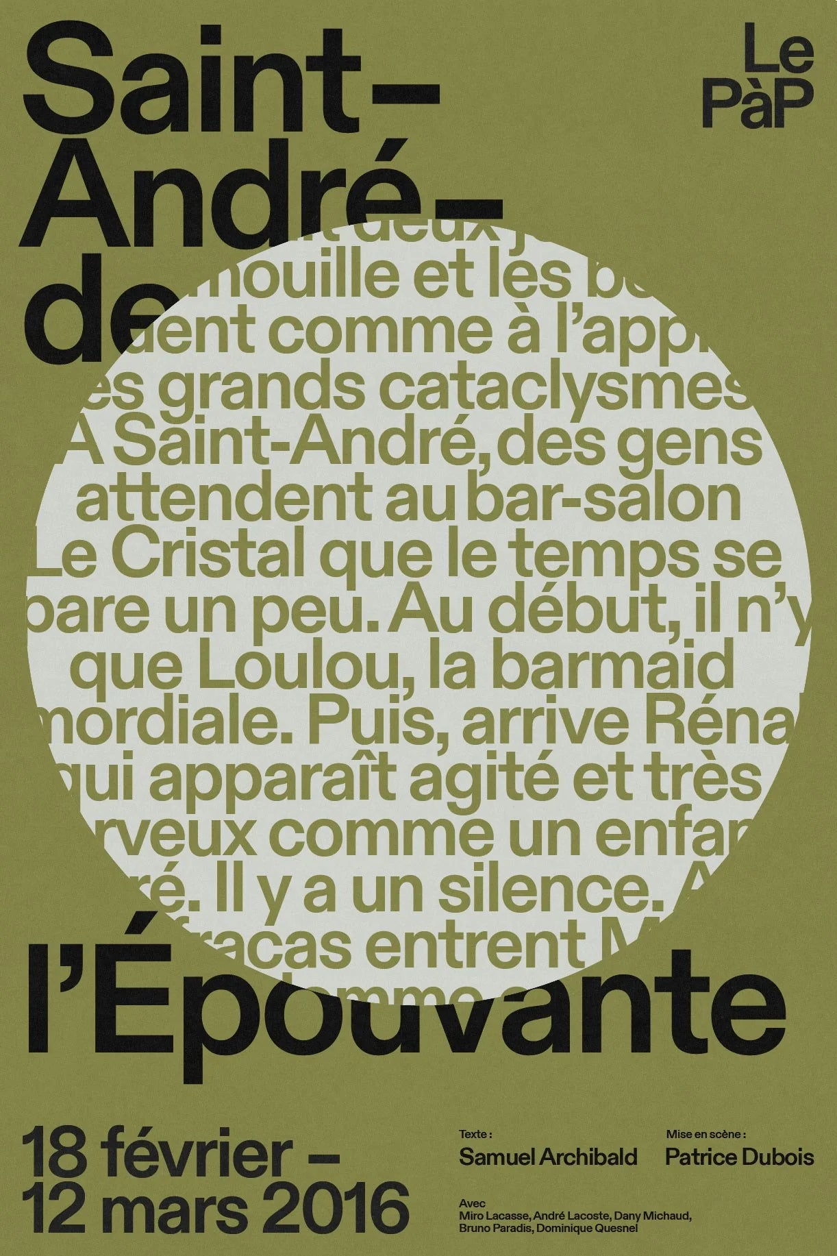 Le PàP — affiche Saint-André-de-l'Épouvante, titre et texte en blanc, dates 18 février au 12 mars 2016