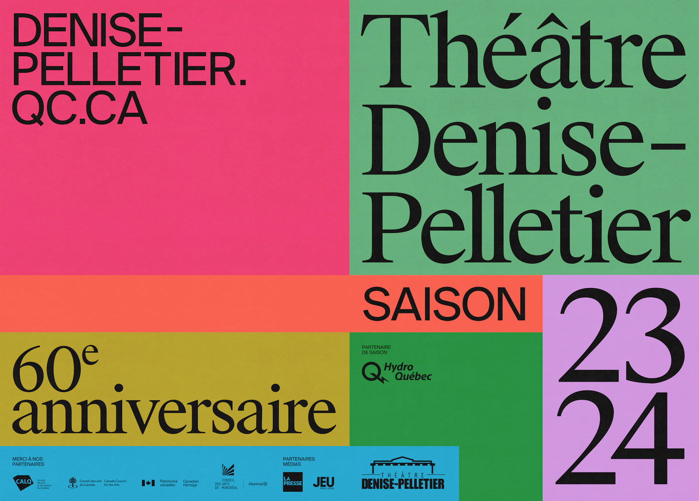Saison 23-24 — visuel typographique coloré Théâtre Denise-Pelletier, mention 60e anniversaire et saison 23-24