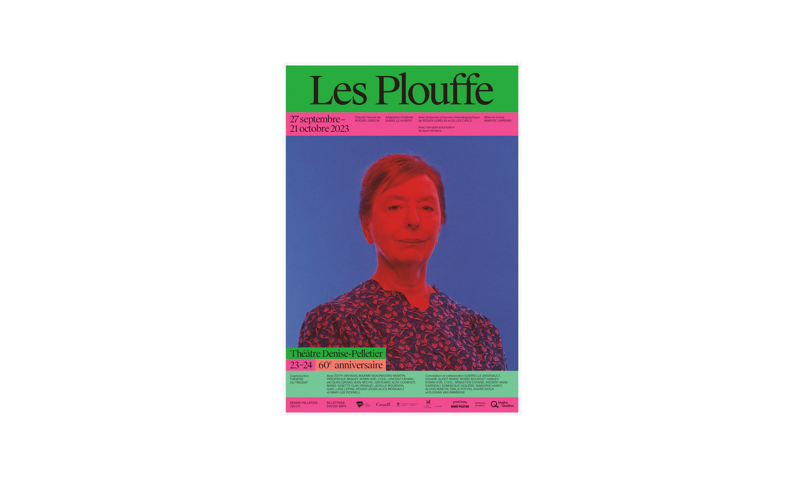Saison 23-24 — affiche Les Plouffe, portrait en bichromie rouge et bleu, bandeaux verts et roses