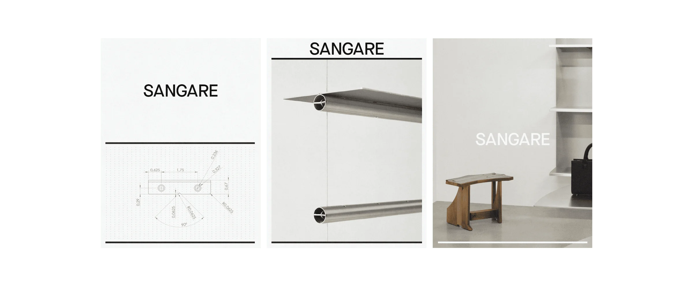 SANGARE — trois maquettes d'affiches SANGARE, plan technique, mobilier en métal et tabouret de bois