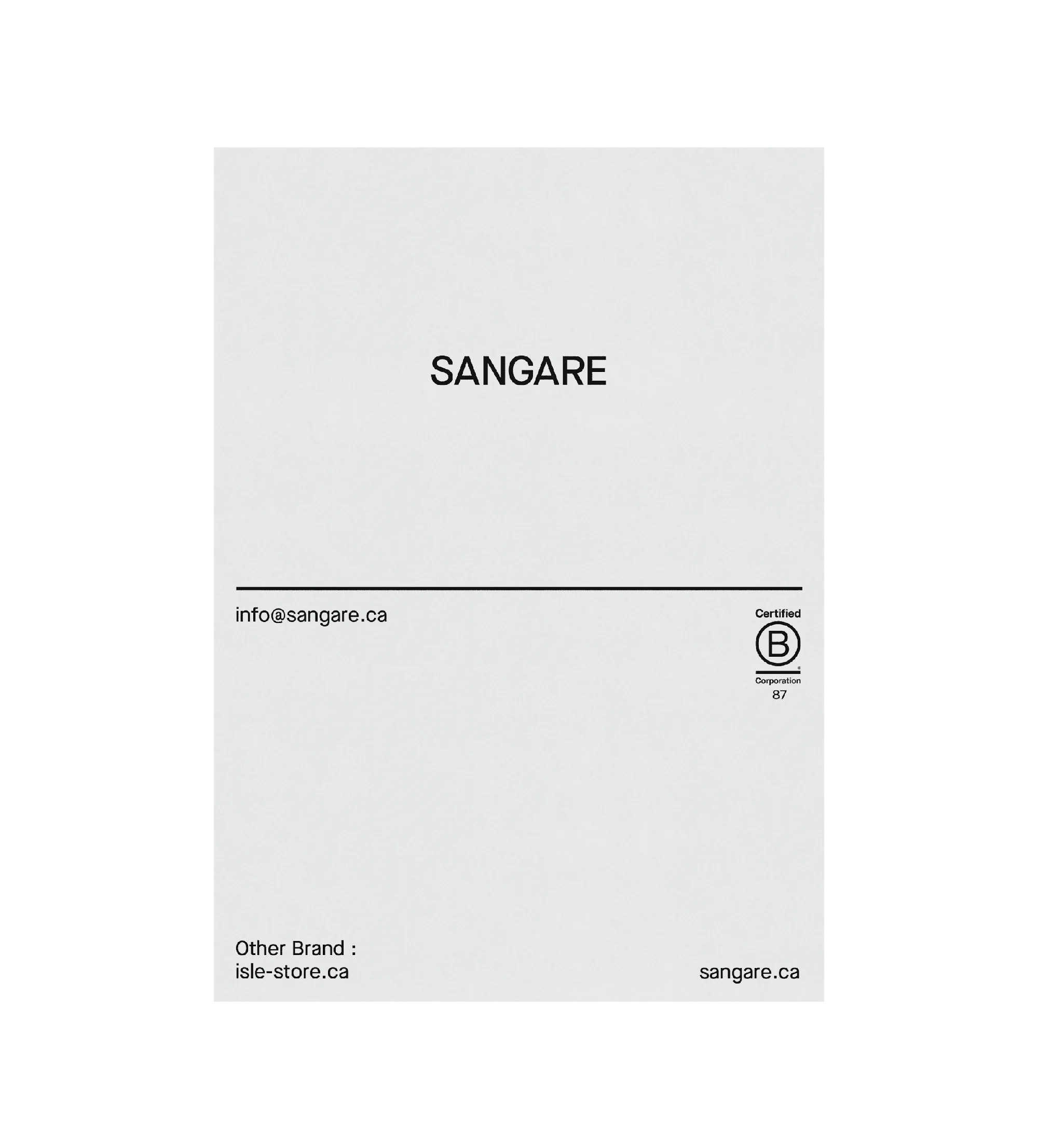 SANGARE — feuillet d'identité gris affichant le wordmark SANGARE, courriel info@sangare.ca et certification B Corp