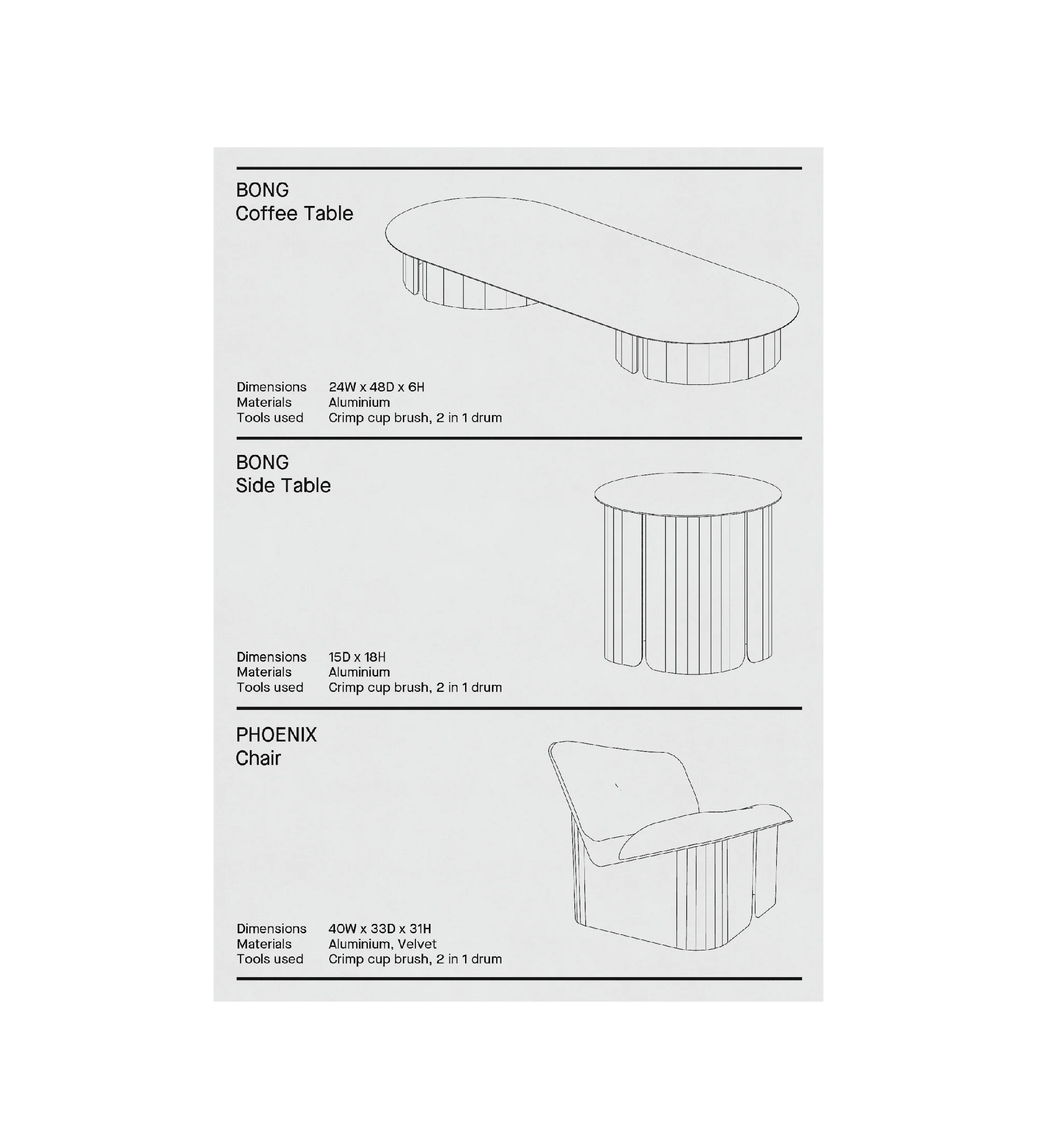 SANGARE — fiche technique de mobilier présentant les tables Bong et le fauteuil Phoenix en dessins de ligne
